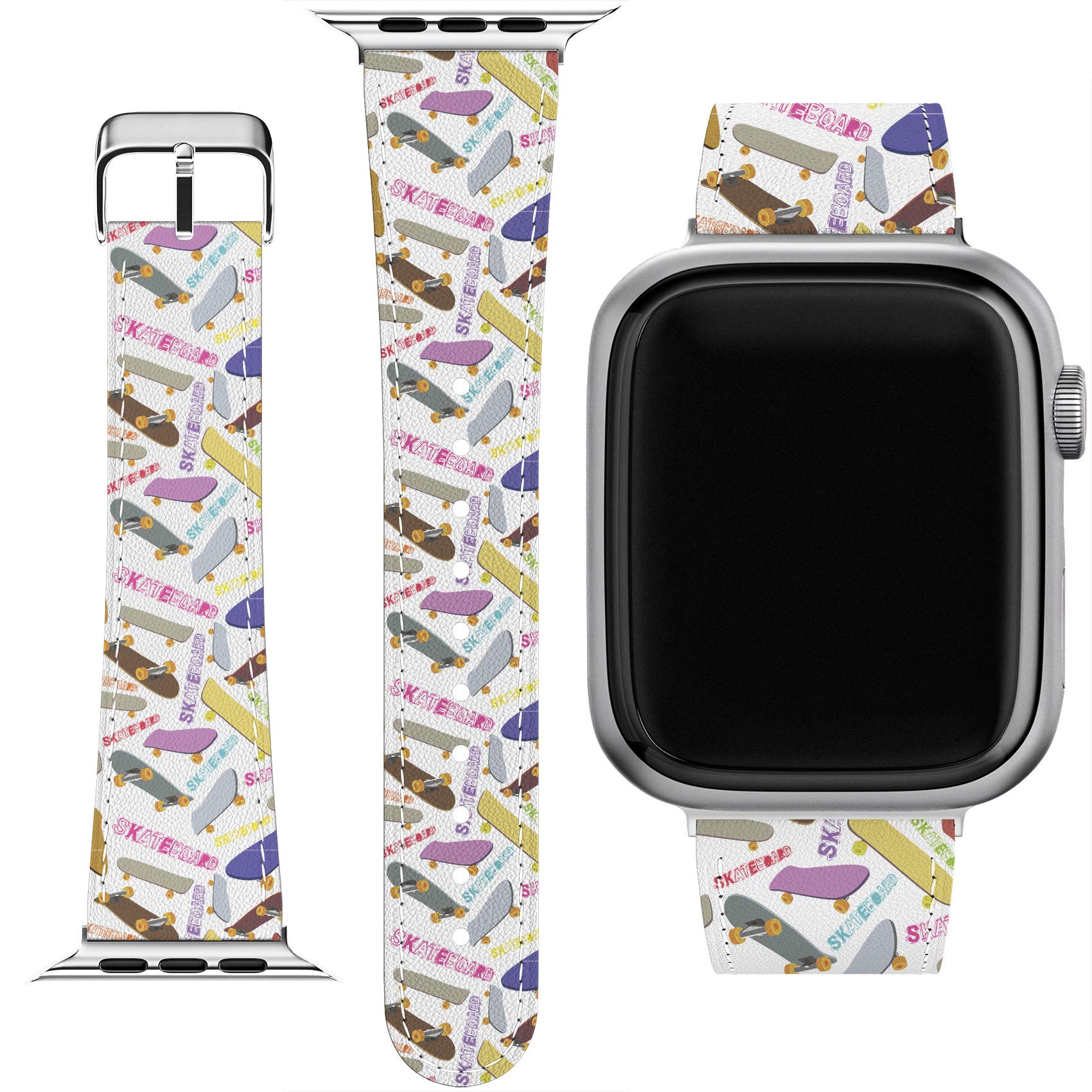 Stylish PU Leather Wrist Band Compatible with Apple Watch Series 7/6/5/4/3/2/1/SE & Matching Phone Case - Skateboard Print Trendy Bracelet Strap for 38-40-41-42-44-45mm - Perfect for Teens, Sports & Everyday Wear