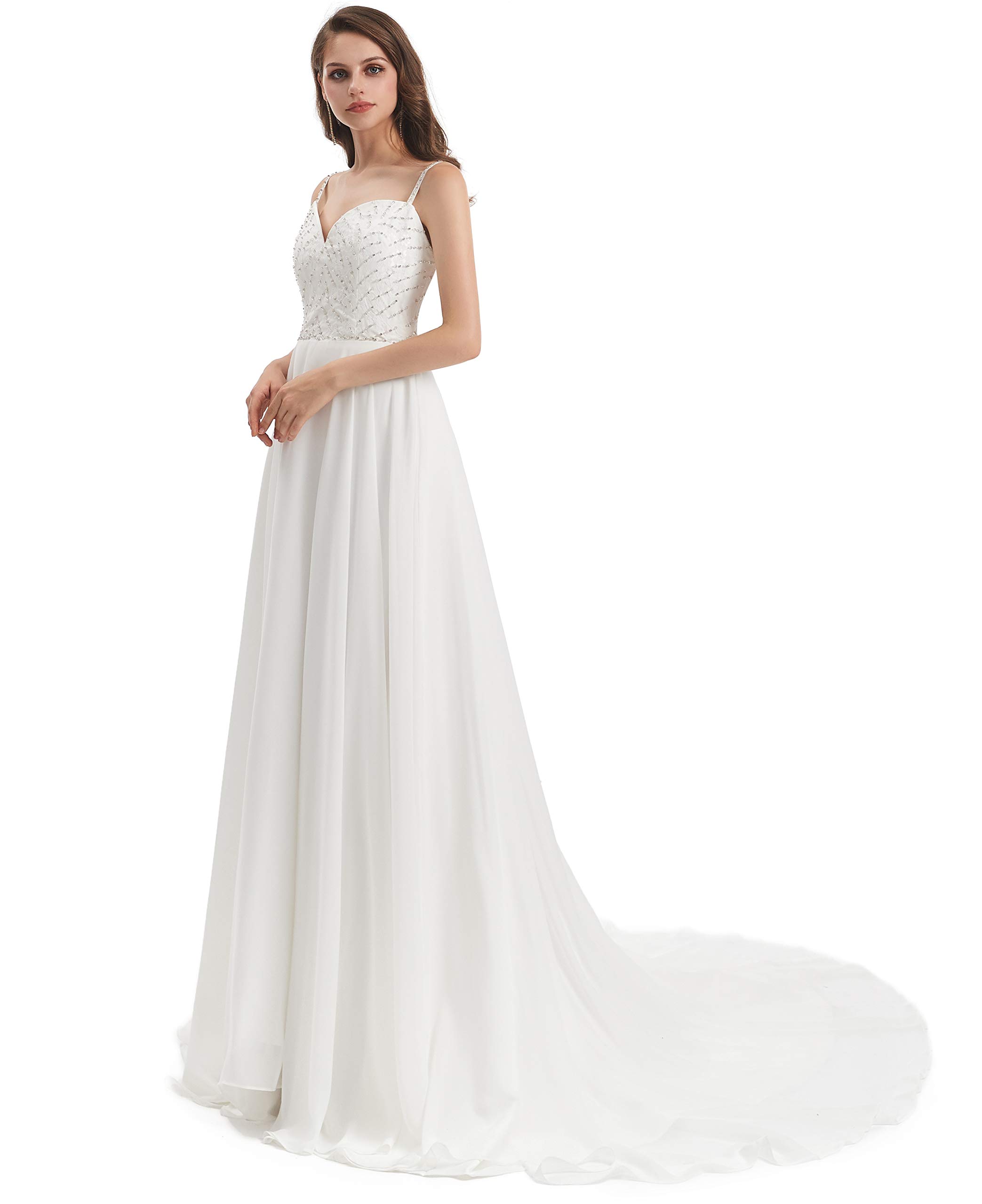 Elegant Women's A-Line Spaghetti Strap Beaded Sleeveless Wedding Dress for Beach Brides - Perfect for Destination Weddings, Beach Ceremonies & Summer Bridal Parties