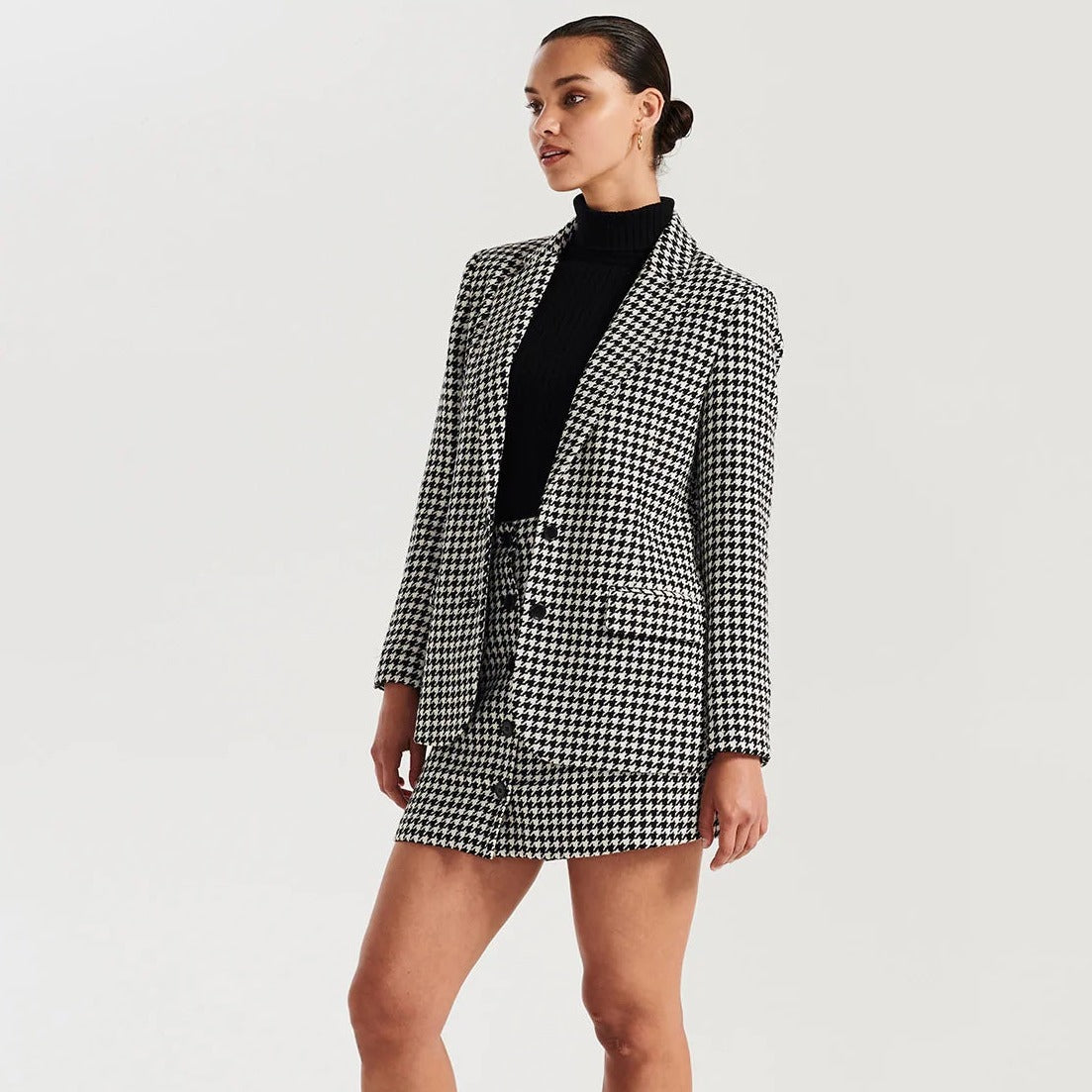 Bella Woven Blazer for Women - Stylish Houndstooth Pattern Jacket for Office, Business Meetings & Professional Outfits
