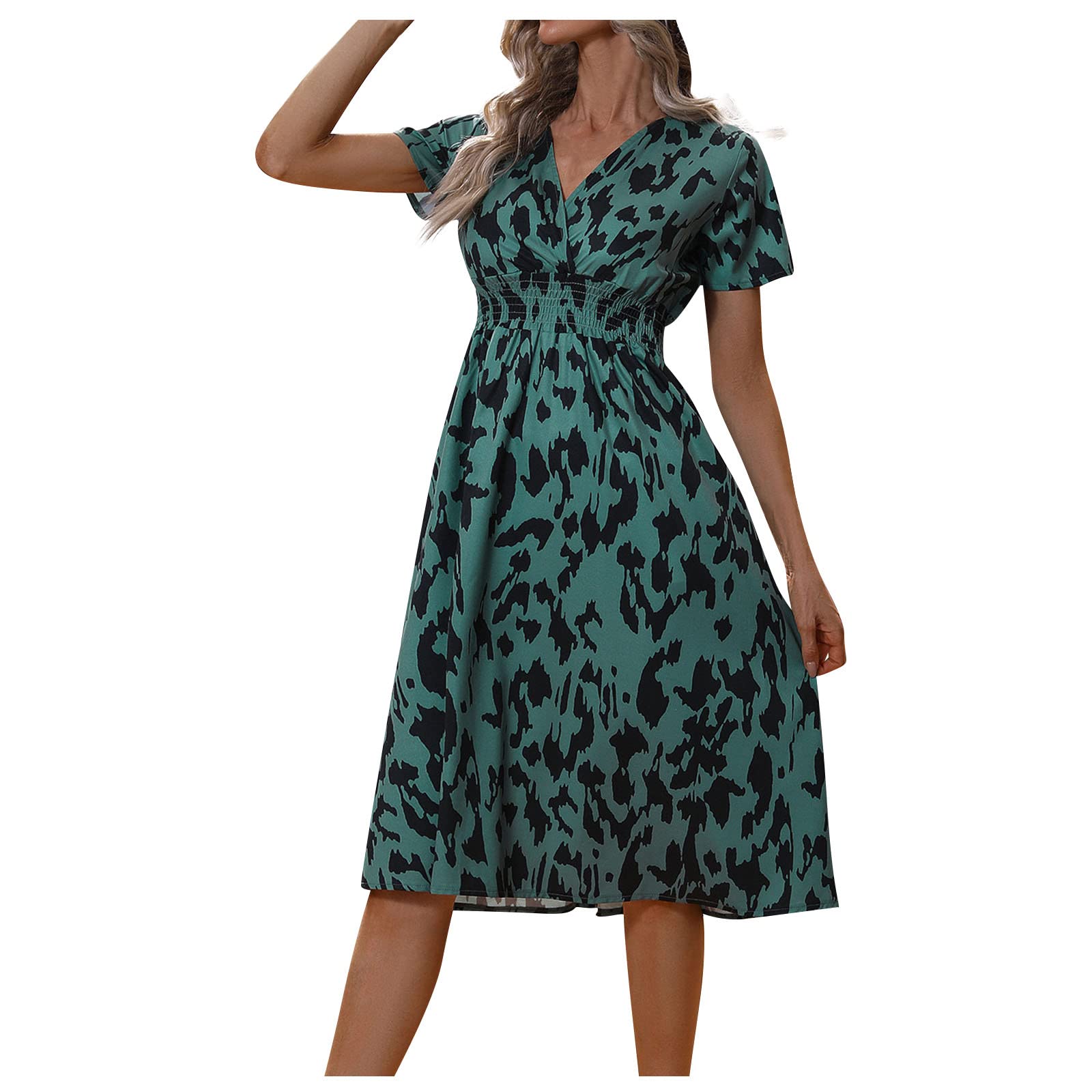 Women's Floral Print High Waist Summer Dress - 3/4 Sleeve V-Neck Mini Dress for Casual Wear & Beach Vacation | Perfect for Outdoor Parties, Date Nights & Summer Getaways