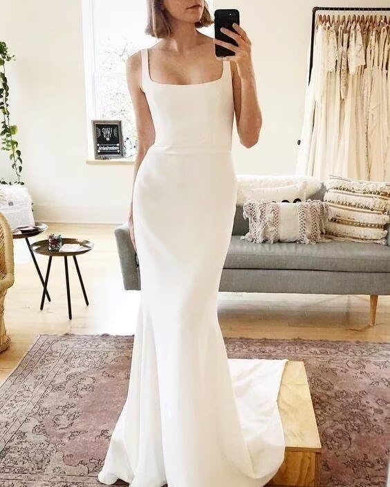 Elegant Satin Mermaid Wedding Dress for Bride - Backless Square Neck Bridal Gown with Train | Perfect for Beach, Church, and Formal Wedding Ceremonies