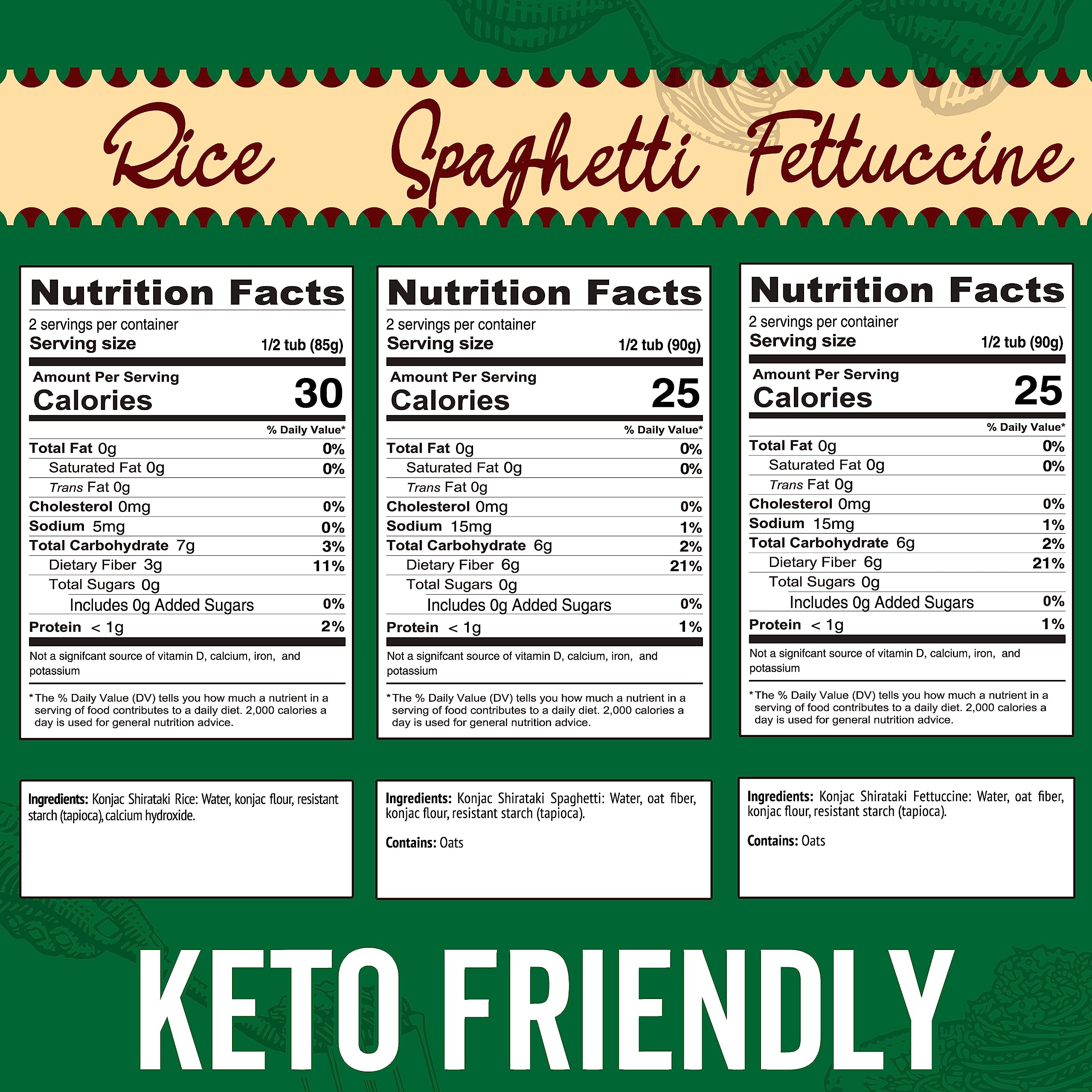 Keto Pasta - Low Carb Shirataki Konjac Noodles (6-Pack Variety: Spaghetti, Fettucine, Rice) | Microwave Ready in 30 Seconds | Gluten-Free, Low Calorie Diet Food | Perfect for Keto, Vegan & Weight Loss Meals