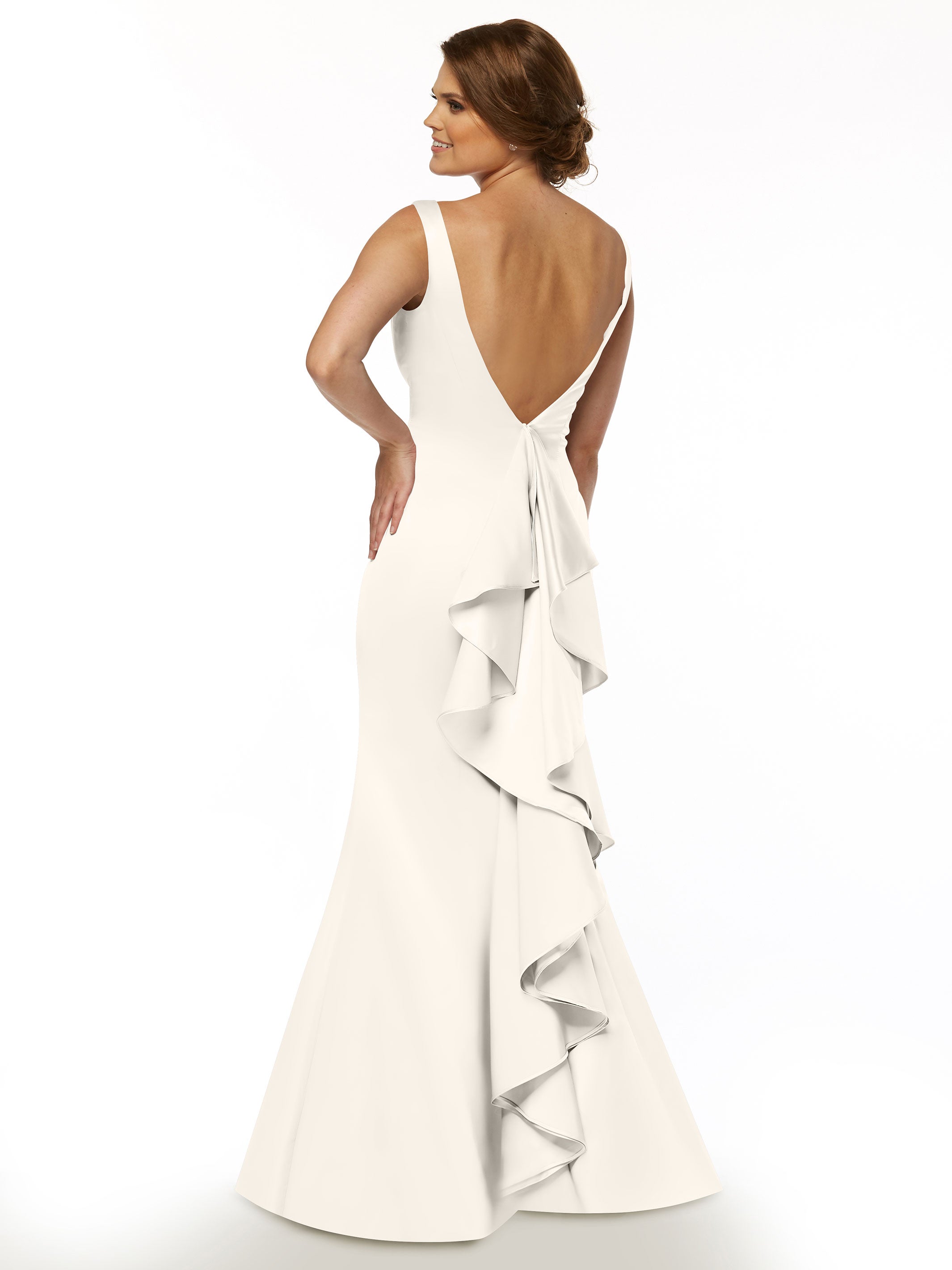 Elegant 80078 Fit and Flare Satin Bridesmaid Dress with V-Neckline & Ruffled Back - Perfect for Weddings, Prom, and Formal Events