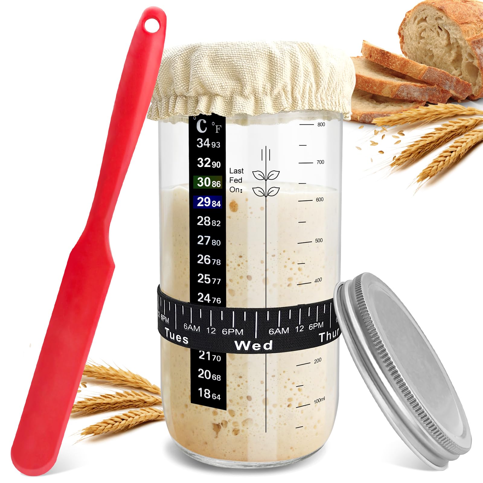 Organic Sourdough Starter Kit for Homemade Bread Baking - 34oz Glass Jar with Date Marker, Thermometer, Silicone Spatula & Lid - Perfect for Artisan Bread, Pizza Dough & Pastries | Home Baker Gift Idea