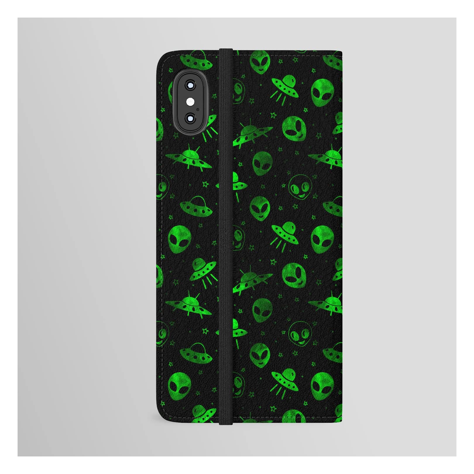 Alien and UFO Pattern iPhone Xs Max Wallet Phone Case by Vickn - Protective Cover with Card Slots for Daily Use, Travel & Outdoor Activities