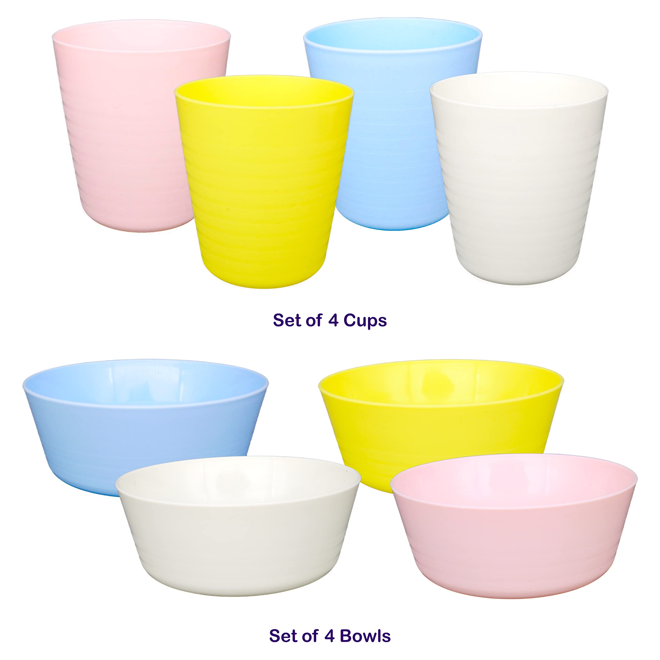 Bloomsworld Toddler Dining Set - 4 Plastic Cups, Bowls & Plates | BPA-Free Reusable Kids Tableware for Boys & Girls | Perfect for Picnics, Parties & Everyday Meals - Pastel Colors
