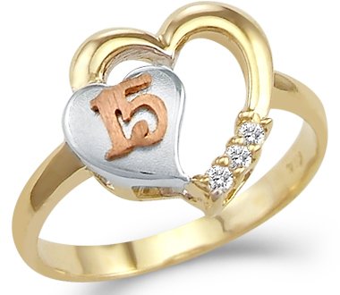 Sonia Jewels 14k Tri-Color Gold 15th Birthday Quinceanera Heart Ring - Elegant Gift for Sweet 16, Anniversary & Special Occasions