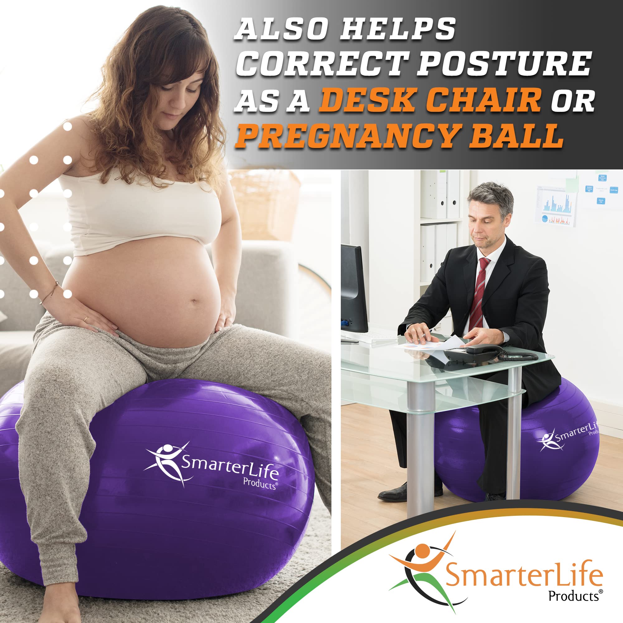Premium Anti-Burst Exercise Ball - Yoga & Fitness Stability Ball for Core Workouts, Physical Therapy, Pregnancy & Office Chair - Non-Slip Gym Ball for Home, Gym & Yoga Studio Use