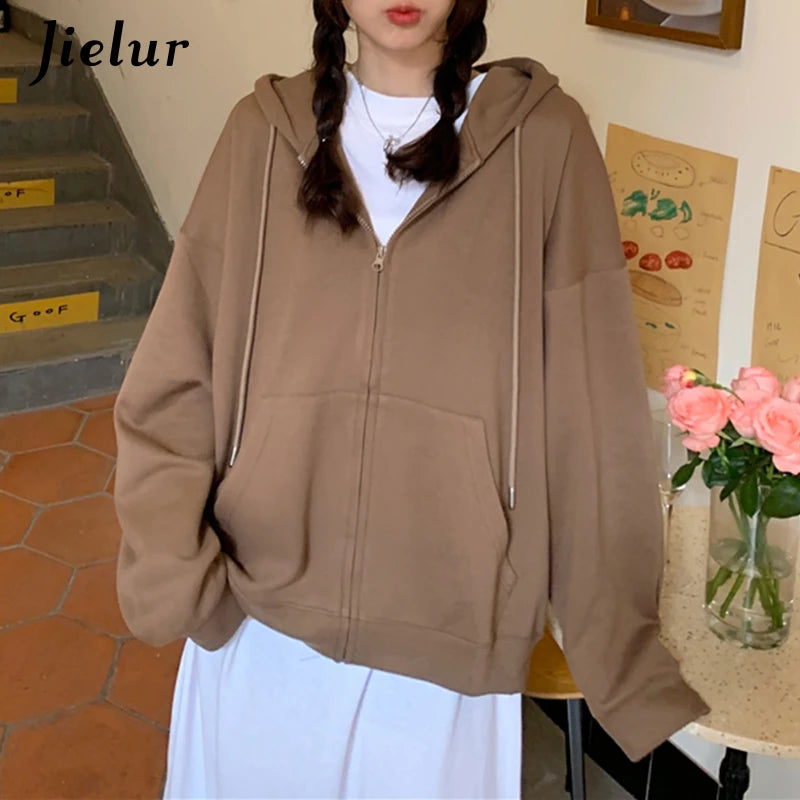 Women's Black Zip Up Hoodie - Korean Style Long Sleeve Camel Hooded Sweatshirt with Pocket & Drawstring (Sizes M-XL) | Casual Streetwear, Loungewear & Winter Fashion
