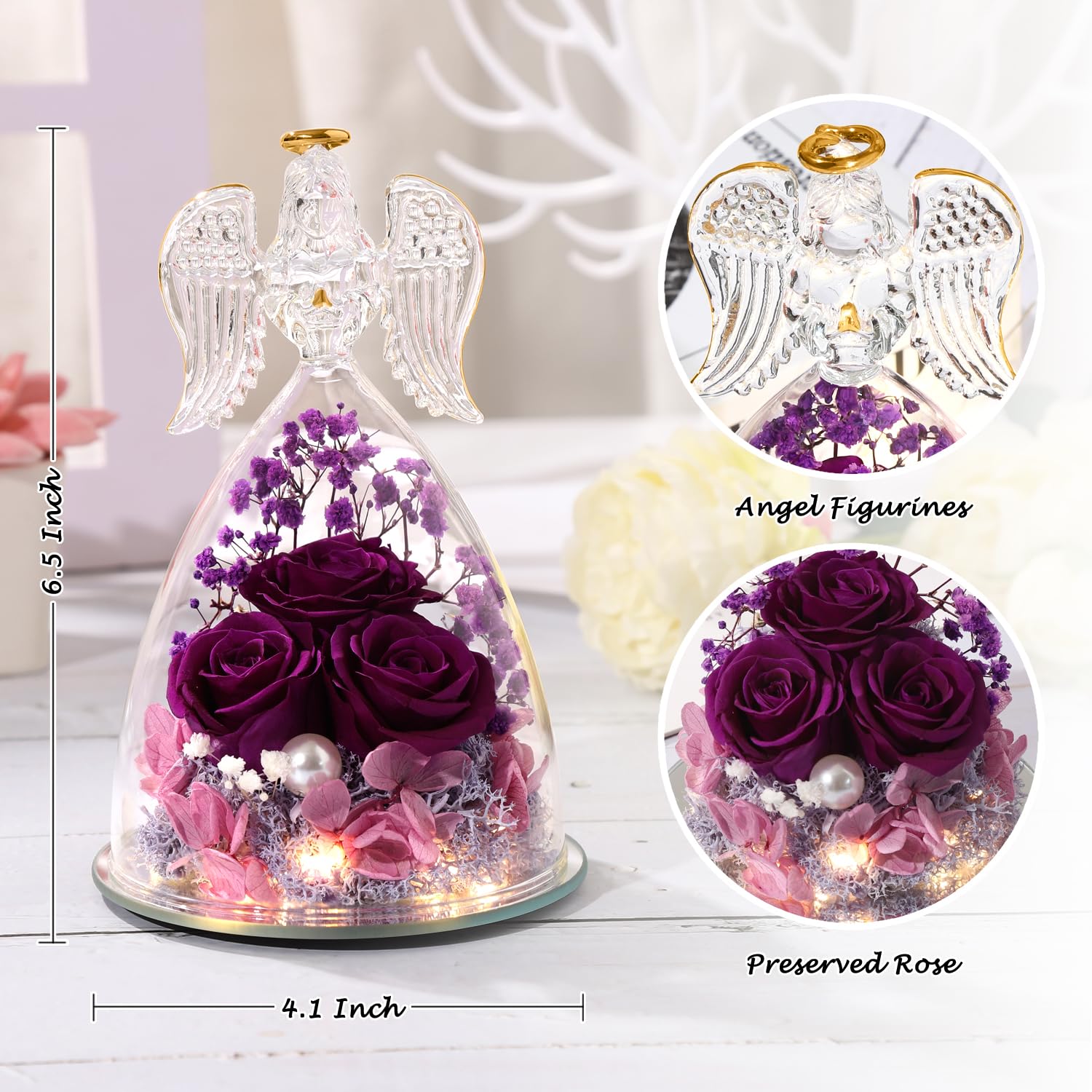 Valentine's Day Gifts for Her - Elegant Glass Angel Figurine with Rose Flower | Perfect Birthday, Mother's Day & Grandma Gifts for Women | Romantic Home Decor & Special Occasion Present