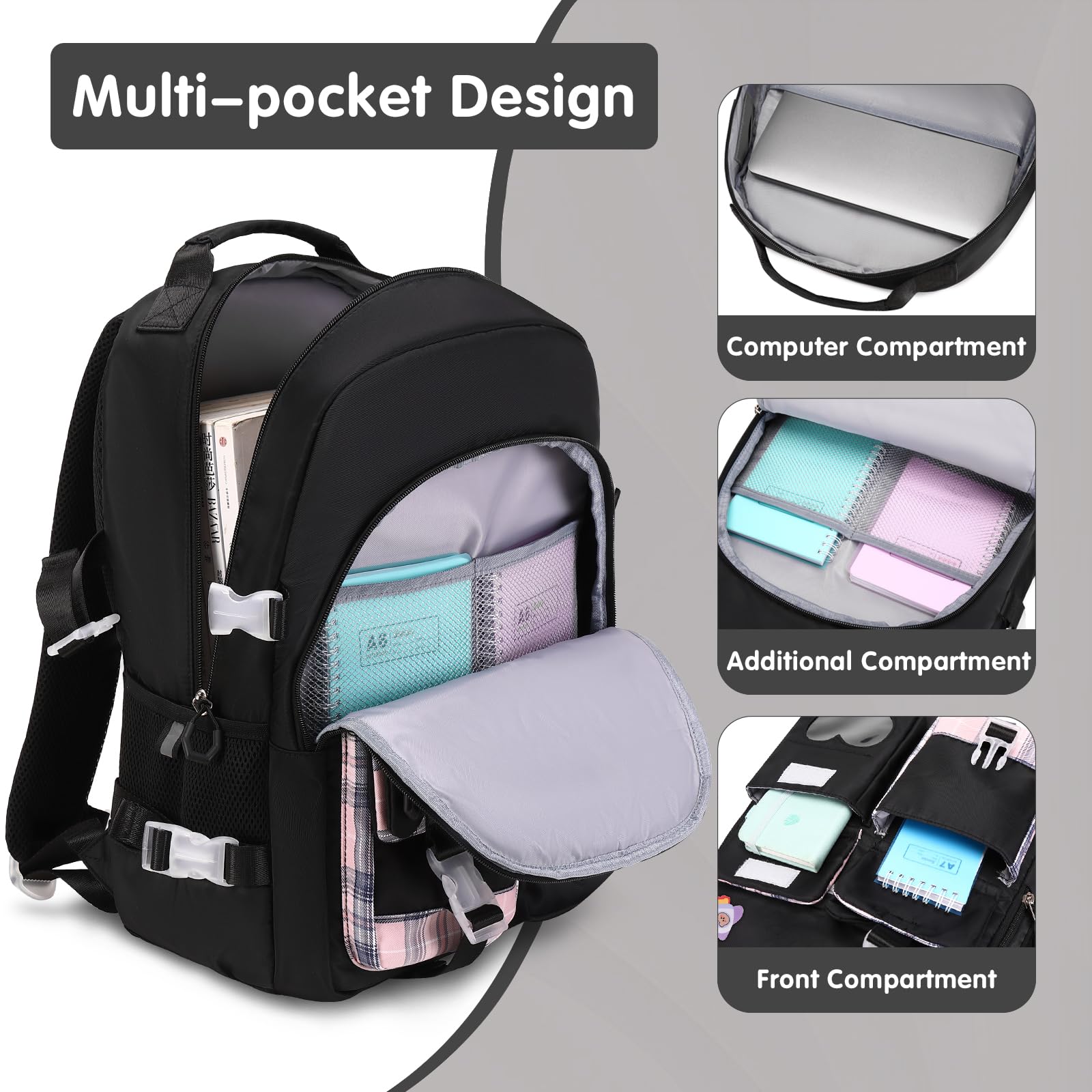 Cute Girls Backpack for School, Travel & Daily Use - Lightweight Bookbag for Kids, Teens & Women - Perfect for Elementary, Middle School & College - Includes Lunch Box (Black) - Ideal for Class, Commuting & Outdoor Adventures