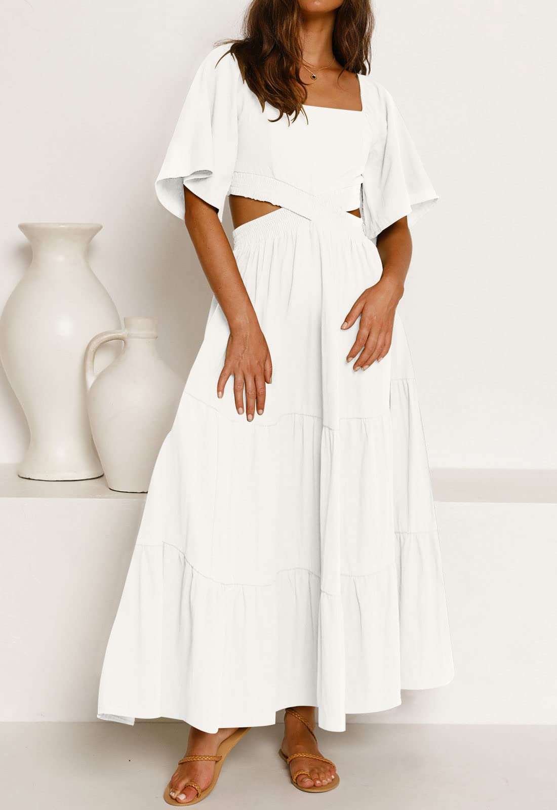 LEANI Women's 2025 Summer Cutout Maxi Dress - Square Neck Short Sleeve Crossover Waist Casual Party Dress for Beach Vacation, Wedding Guest & Evening Out