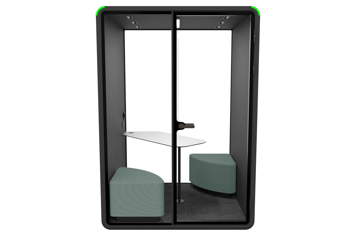 Nest 2 Person Meeting Booth with Diagonal Table & Echo Panel - Soundproof Office Pod for Private Video Calls and Small Team Collaboration