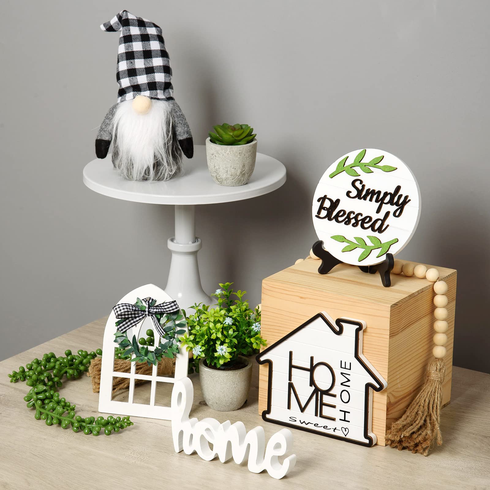11-Piece Farmhouse Tiered Tray Decor Set with Artificial Succulents, Home Sweet Home Sign & Wooden Bead Garland - Rustic Black White Buffalo Plaid Gnome Decor (Tray Not Included) - Perfect for Kitchen Countertops, Coffee Tables, and Seasonal Home Decor