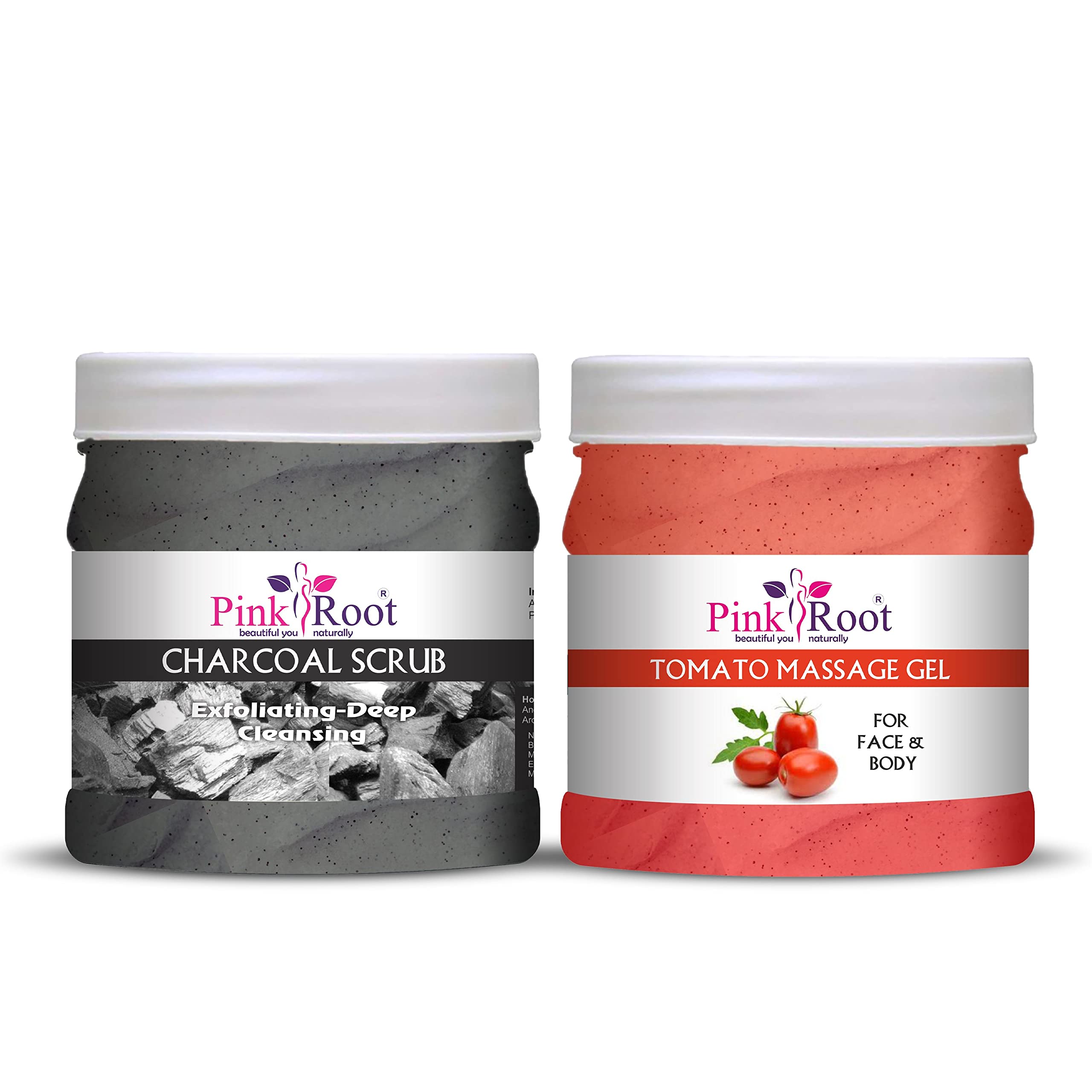 Organic Pink Root Tomato & Charcoal Massage Gel & Scrub Set - 500ml Each for Skin Detox & Exfoliation - Perfect for Spa Day, Relaxation & At-Home Self Care