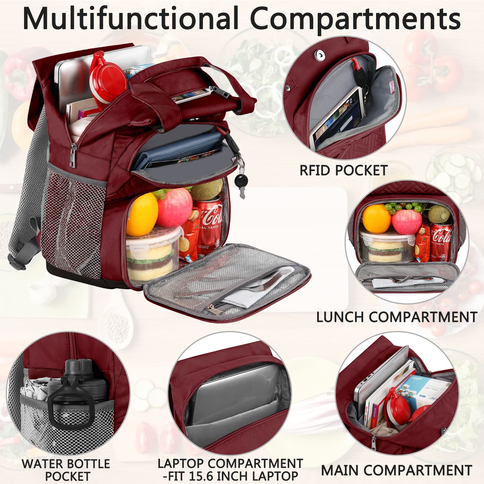 Mogplof Insulated Lunch Backpack for Women - Water-resistant Cooler Backpack with USB Port & RFID Pockets, Fits 15.6 Inch Laptop, Red - Perfect for College, Nurse Work, Travel, and Outdoor Adventures