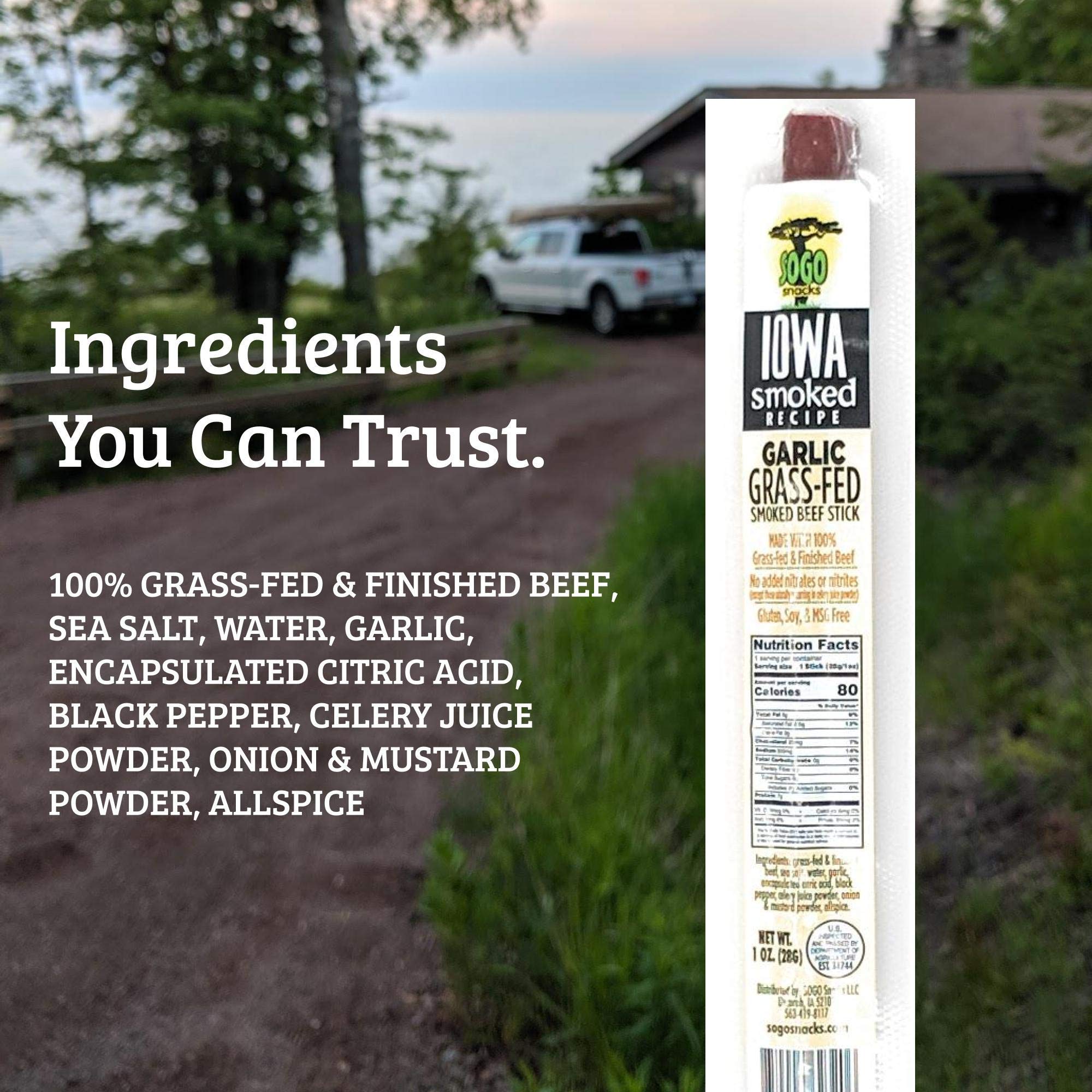 Sugar Free Beef Jerky Sticks - Non-GMO Grass-Fed, No Nitrates, Gluten, Soy, MSG, Dairy or Nuts - Low Calorie High Protein Paleo, Whole30 & Keto Snacks (Garlic Flavor, 1-oz, 72 Count) - Perfect for On-the-Go, Hiking, Camping & Healthy Office Snacking