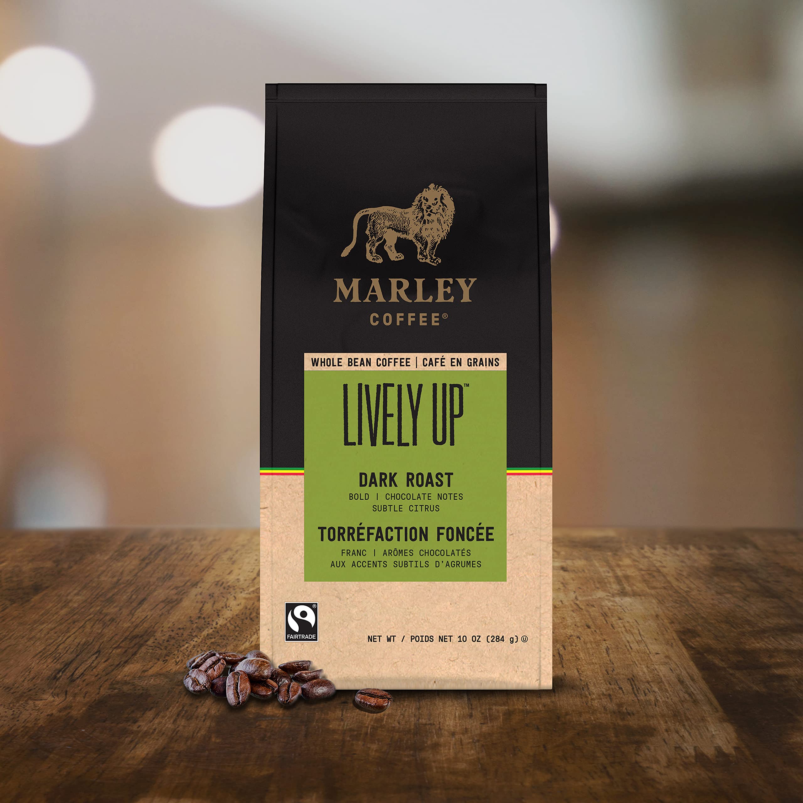 Marley Coffee Lively Up Whole Bean Dark Roast Coffee - 10oz Bag | Premium Organic Coffee Beans for French Press, Drip & Espresso | Perfect for Morning Brew & Gifts