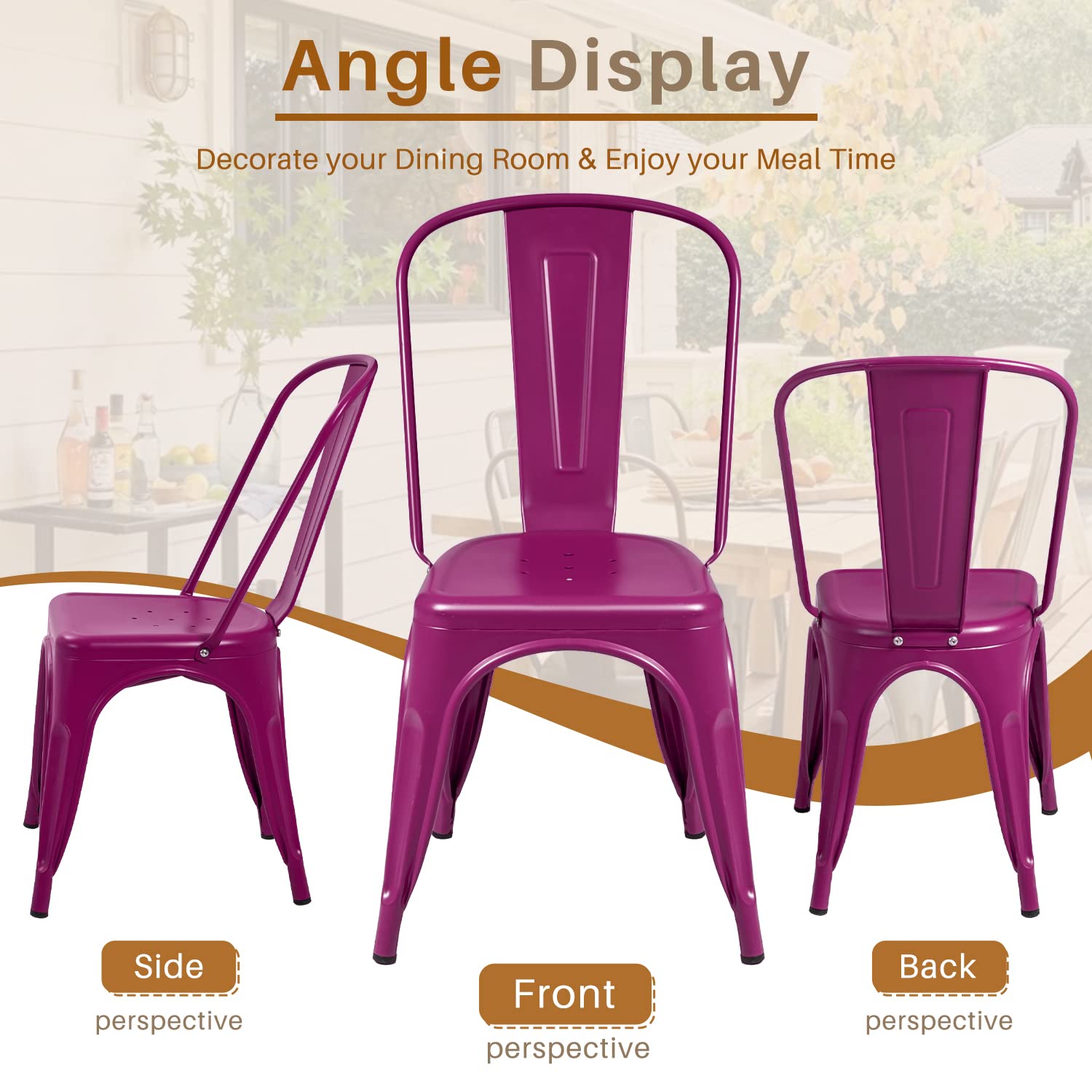 Furmax Metal Dining Chair Set of 4 - Stackable Indoor/Outdoor Bistro Chairs, Classic Trattoria Style for Cafe, Restaurant & Home - Purple | Perfect for Patio, Garden, Kitchen & Dining Room