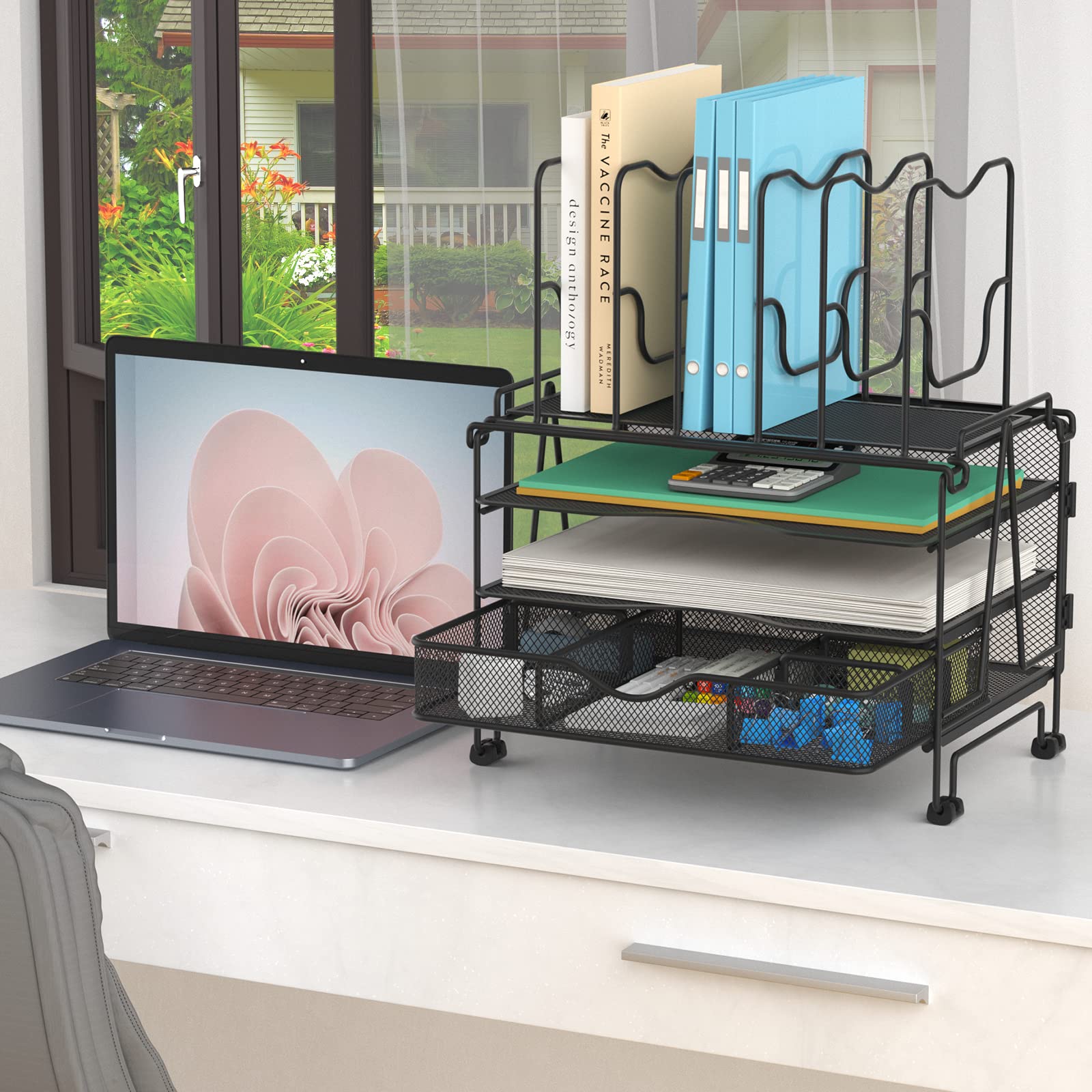 3-Tier Mesh Desk Organizer with Sliding Drawer - Black Office File Organizer for Papers, Pens & Supplies | Perfect for Home Office, Study Desk & Workspace Organization