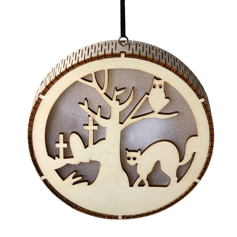 Halloween LED Wooden Hanging Night Light - Round Witch Pattern Hollow Design for Spooky Decor (Battery Not Included) - Perfect for Indoor/Outdoor Halloween Party Decorations