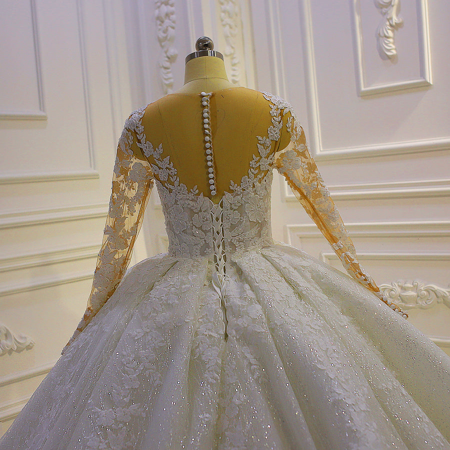 Elegant Long Sleeve Lace Applique Ball Gown Wedding Dress AM1067 - Perfect for Bridal, Formal Events & Vintage Theme Weddings