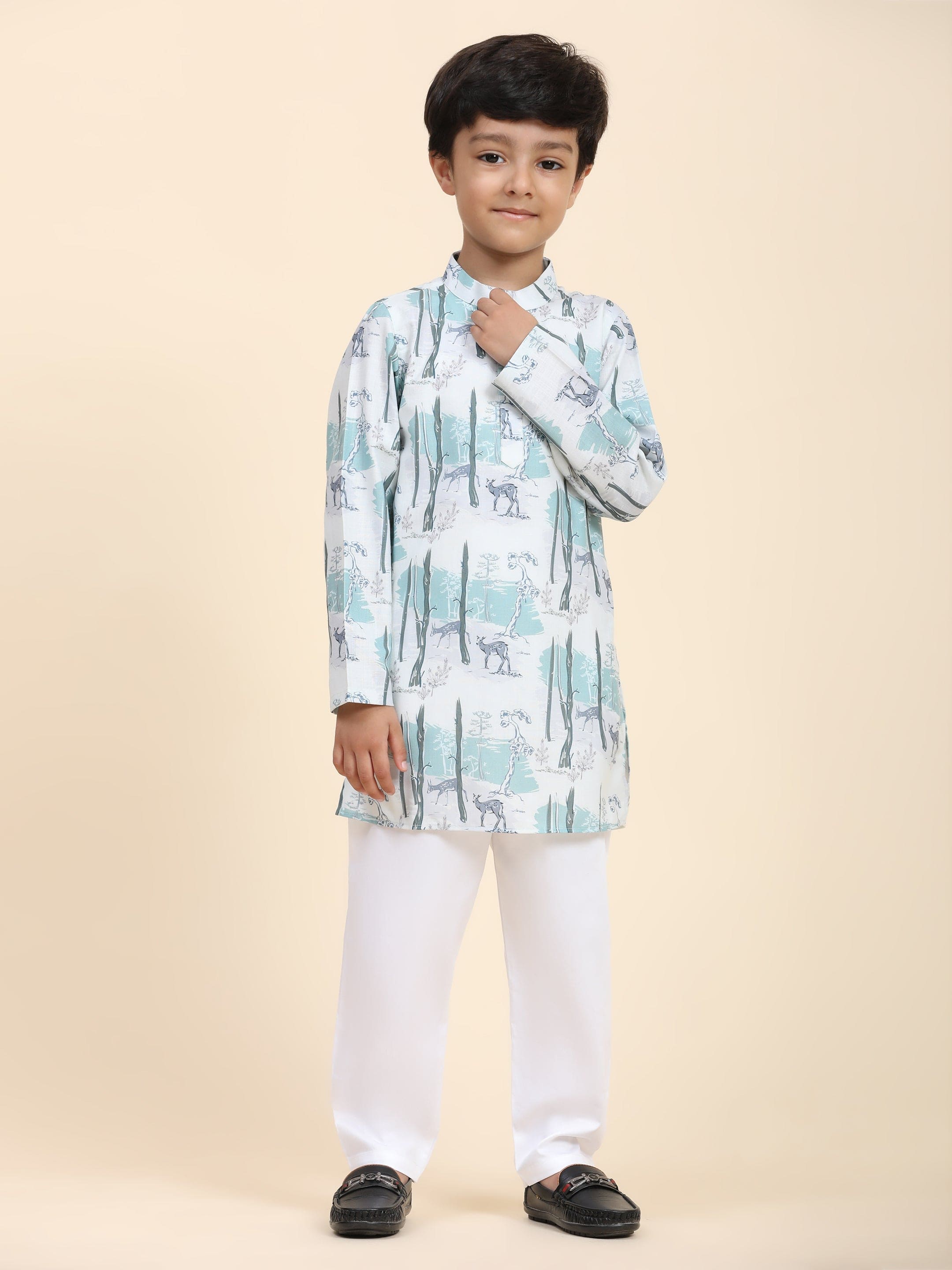 Deer Print Linen Kurta Pajama Set for Men - Comfortable Ethnic Wear for Festivals, Weddings & Casual Outfits