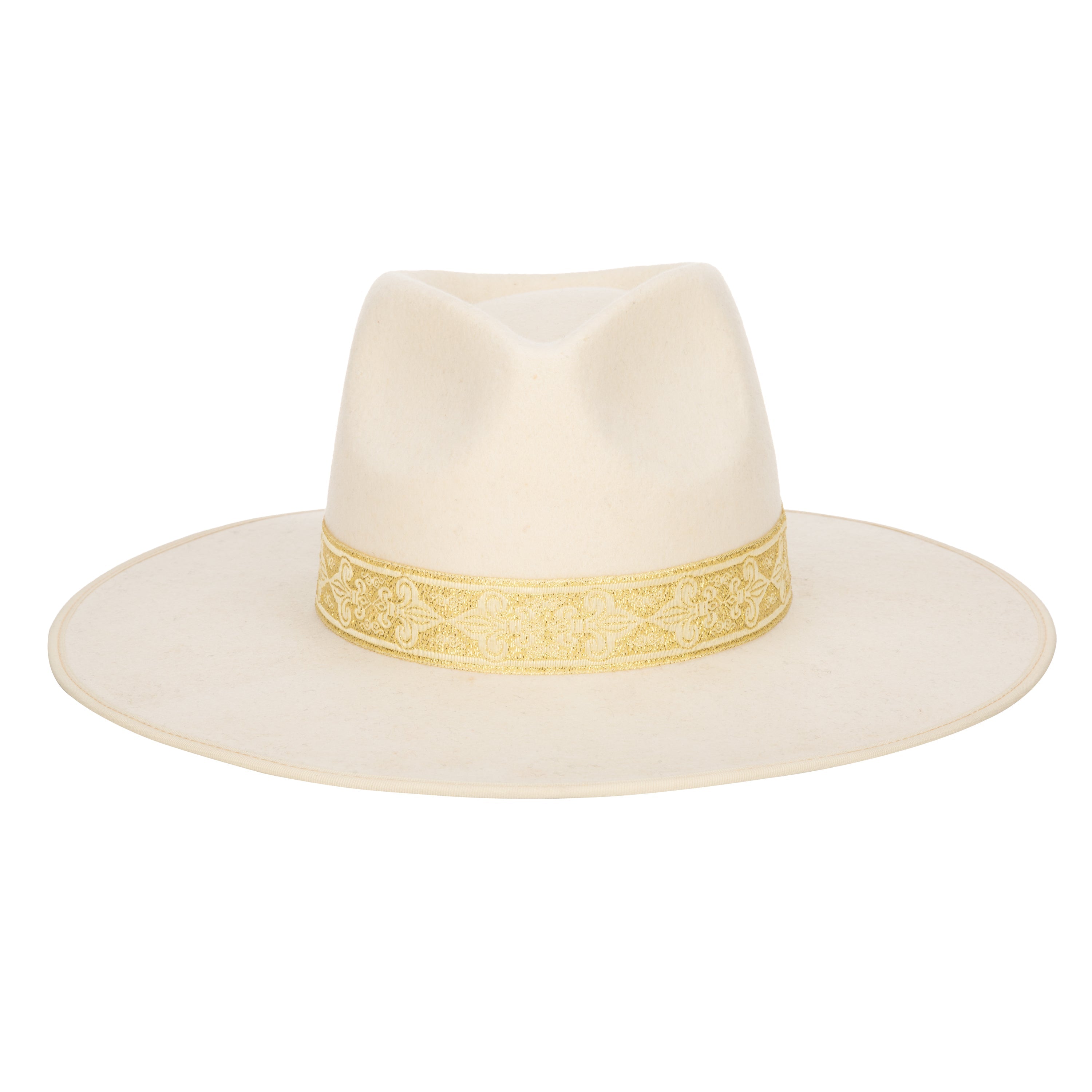 Love At First Sight Women's Wool Felt Fedora Hat with Gold Jacquard Band - Stylish Wide Brim Hat for Outdoor Events, Weddings & Fashion Accessories