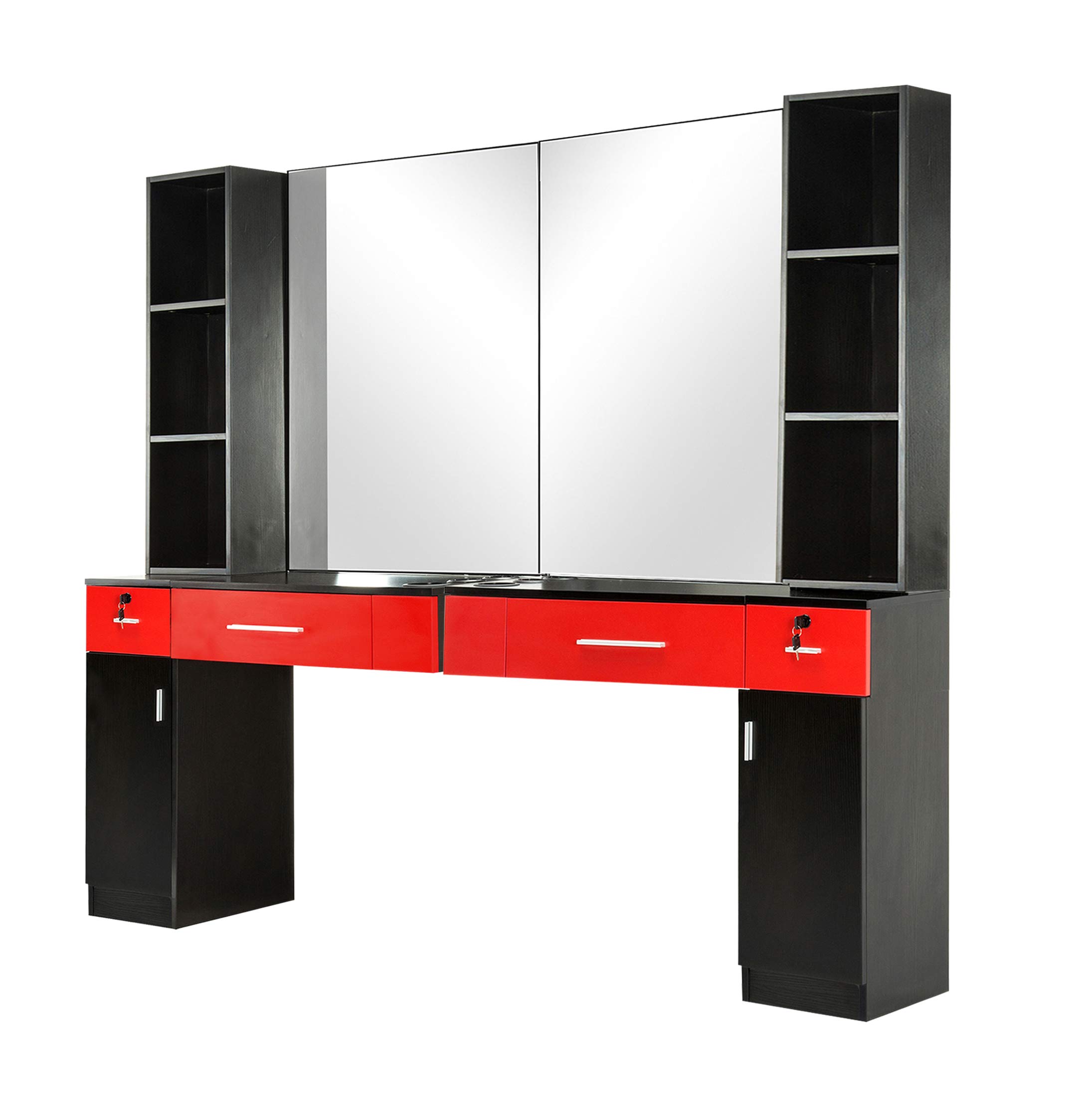 Professional Wall Mount Barber Station with 6 Hair Dryer Holders - Salon Styling Dressing Table with Mirror - Beauty Salon & Spa Equipment Set 3026+3036 (Black & Red) - Perfect for Barber Shops, Hair Salons & Home Styling Stations