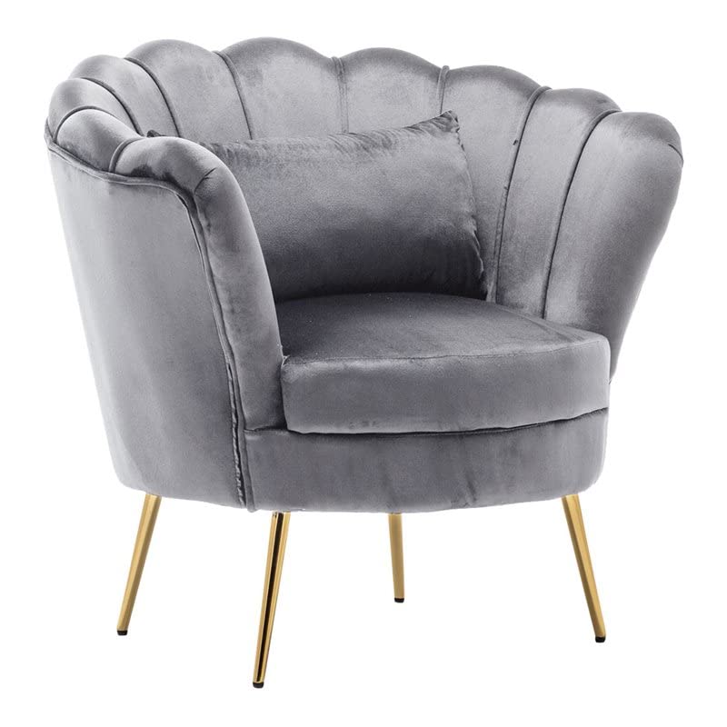 Alexent Scalloped Oyster Shell Modern Velvet Upholstered Accent Chair - Gray Velvet Living Room Chair for Bedroom, Guest Room & Home Office - Stylish Lounge Sofa Chair for Relaxing, Reading & Decor