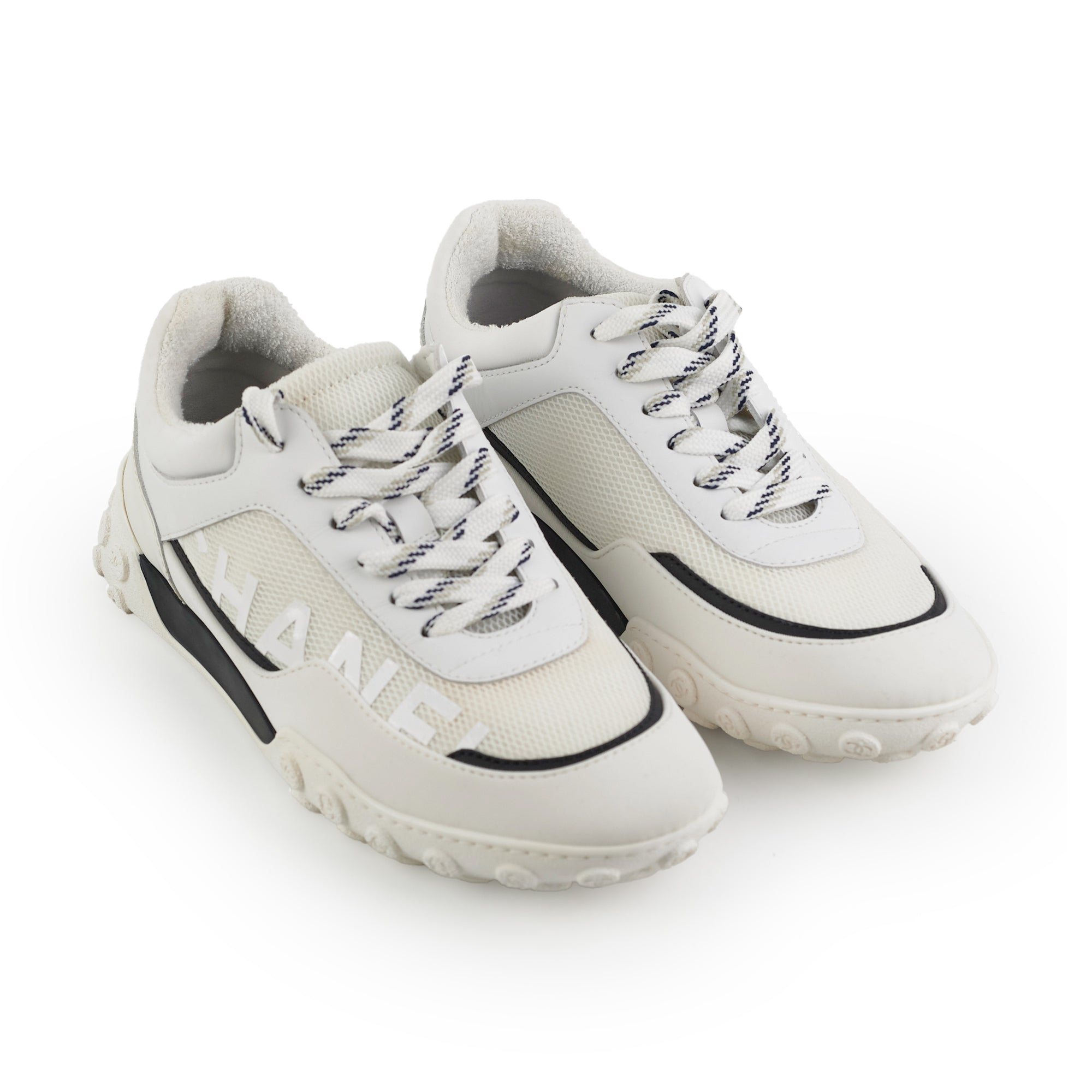 Chanel Women's White Calfskin Mesh Logo Sneakers Size 38 - Fashionable Comfort for Casual Wear & Luxury Street Style