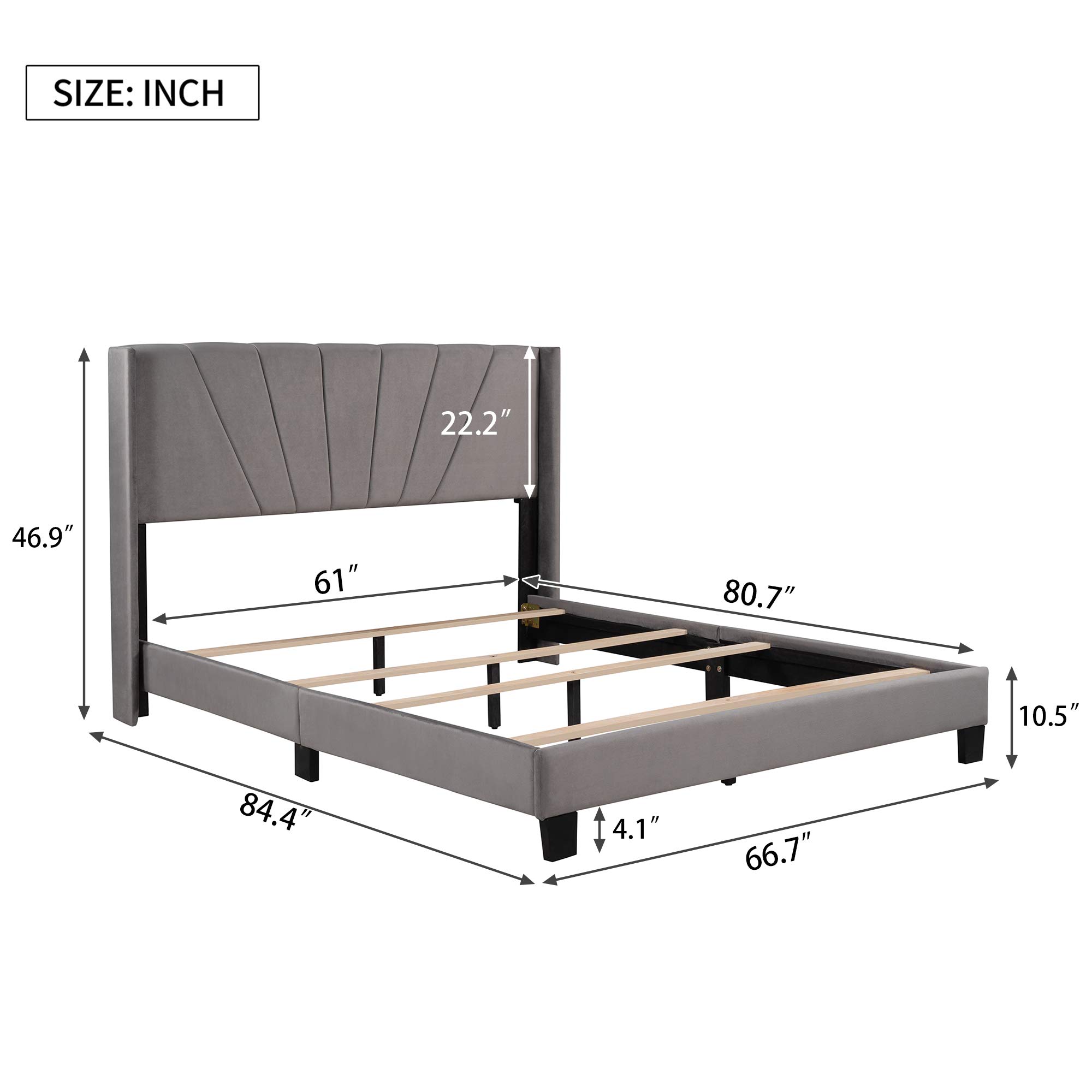 Velvet Upholstered Queen Size Platform Bed Frame with Wingback Headboard - Heavy Duty Metal Frame, No Box Spring Needed, Modern Bedroom Furniture (Gray) - Perfect for Master Bedrooms, Guest Rooms & Luxury Apartments