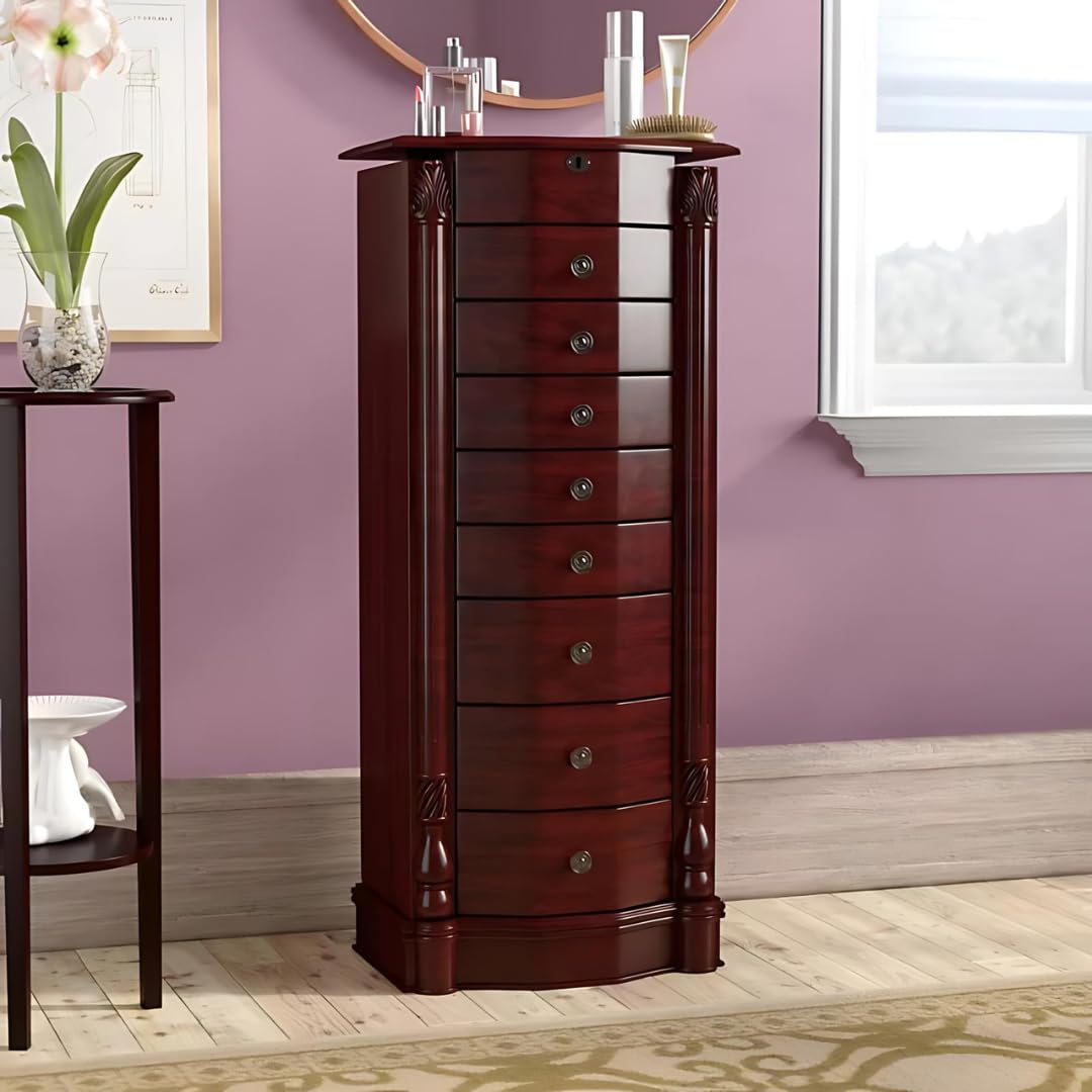 Alveare Home - Louisa Locking Jewelry Armoire with Mirror, Cherry Wood Jewelry Storage Cabinet for Necklaces, Rings & Earrings - Perfect for Bedroom, Closet or Dressing Room Organization