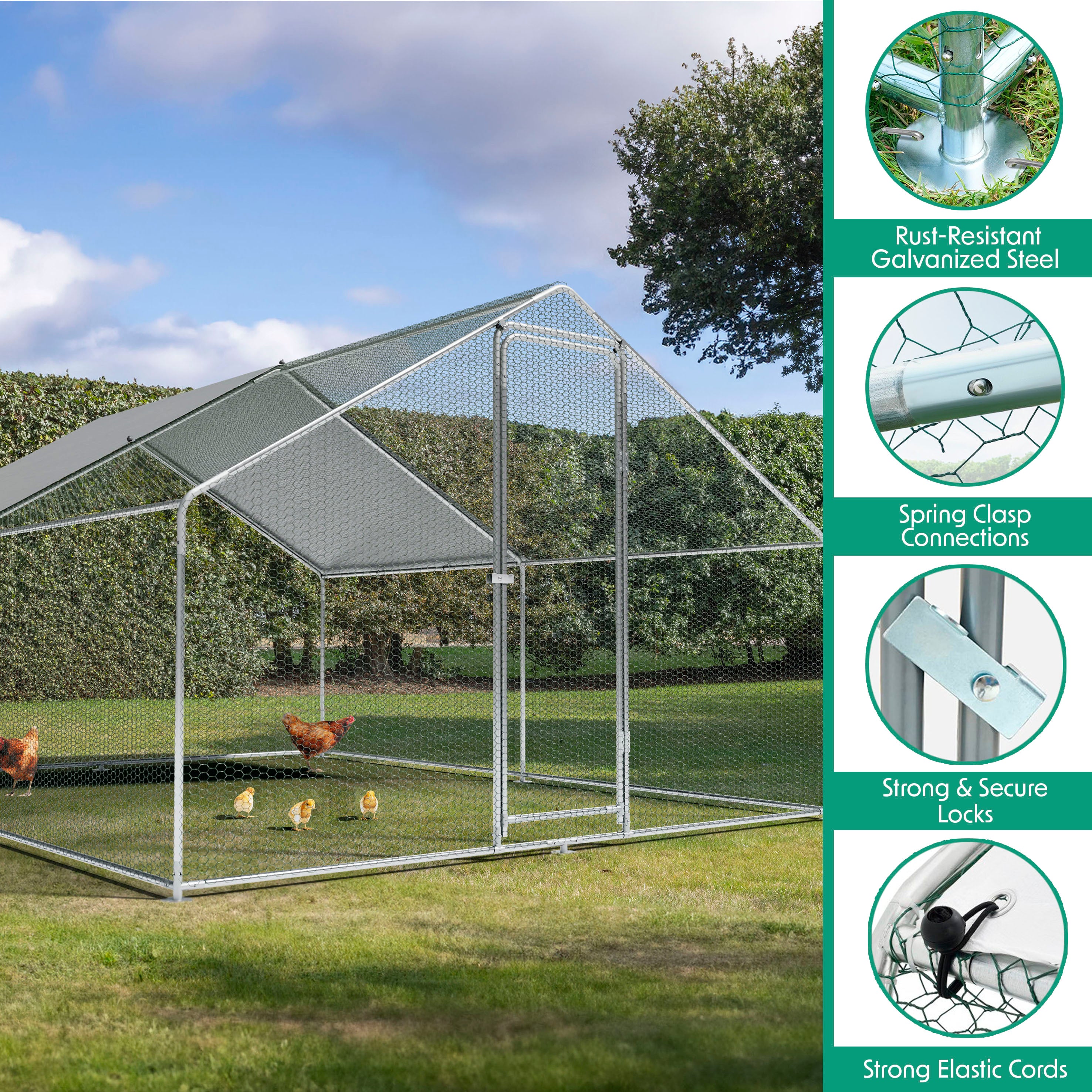 3x4m Galvanized Steel Walk-In Chicken Run with Solar Roof Cover & PVC Coated Wire - Durable Poultry Enclosure for Chickens, Ducks & Small Animals - Perfect for Backyard Farming, Coop Protection & Free-Range Safety
