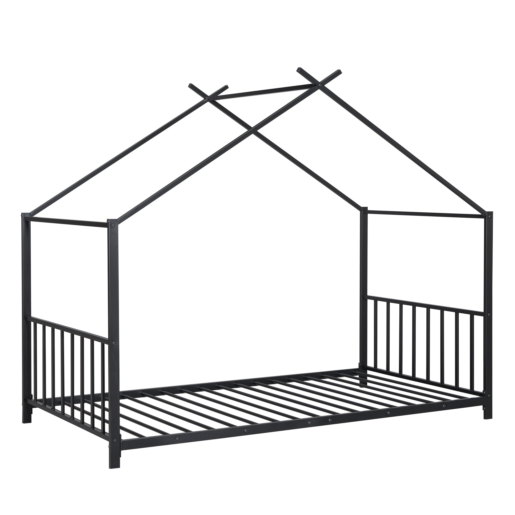 Montessori Twin Size Floor Bed for Kids - Sturdy Metal Frame with High Headboard & Roof Design - Perfect for Boys & Girls Bedrooms (Black) - Ideal for Montessori Learning & Cozy Sleep Spaces
