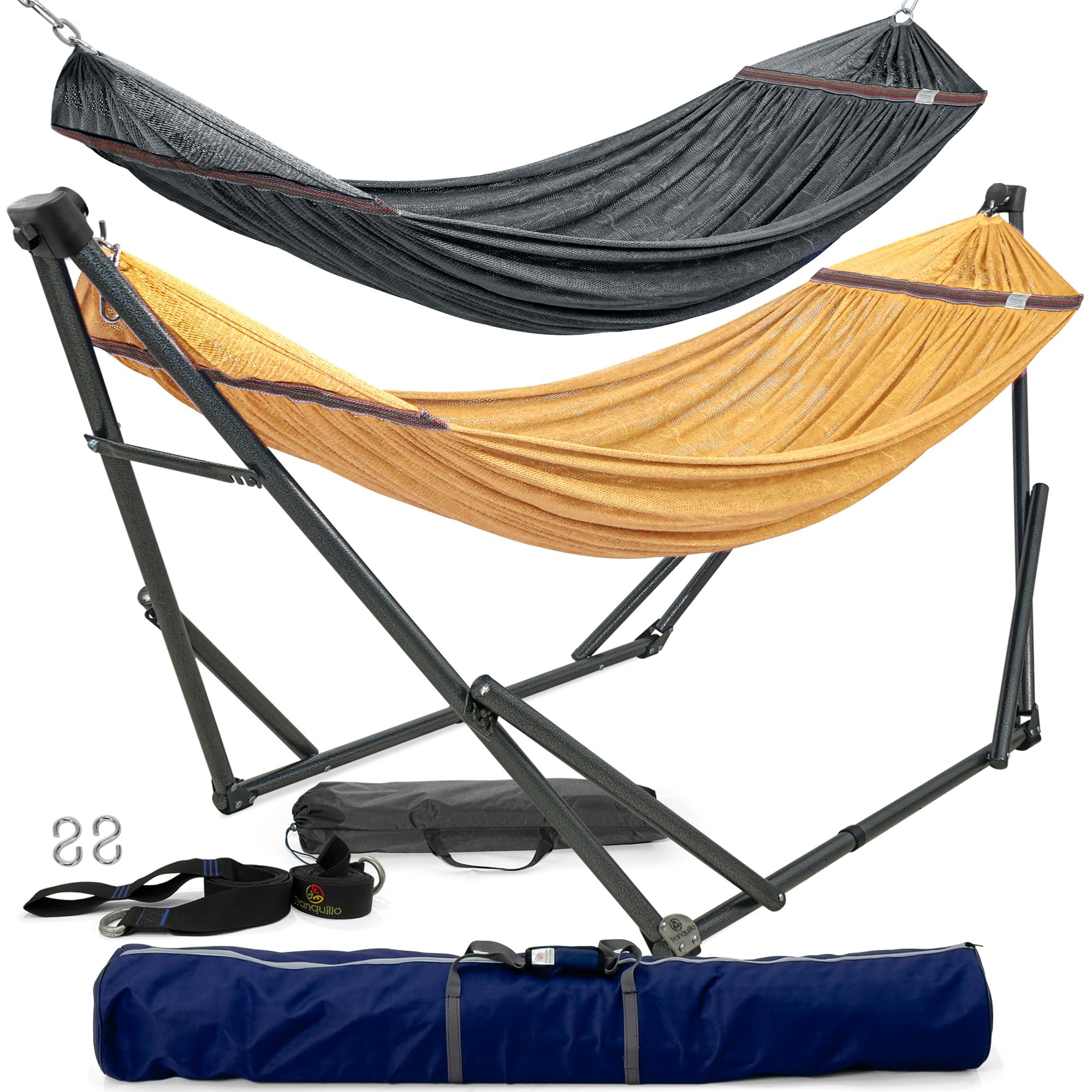 Premium 2-Person Hammock Set with Heavy Duty Stand & Tree Straps - 600lb Capacity for Indoor, Outdoor, Patio & Backyard Use - Includes 2 Hammocks & Portable Carrying Bags (Yellow) - Perfect for Relaxation, Camping, and Backyard Lounging
