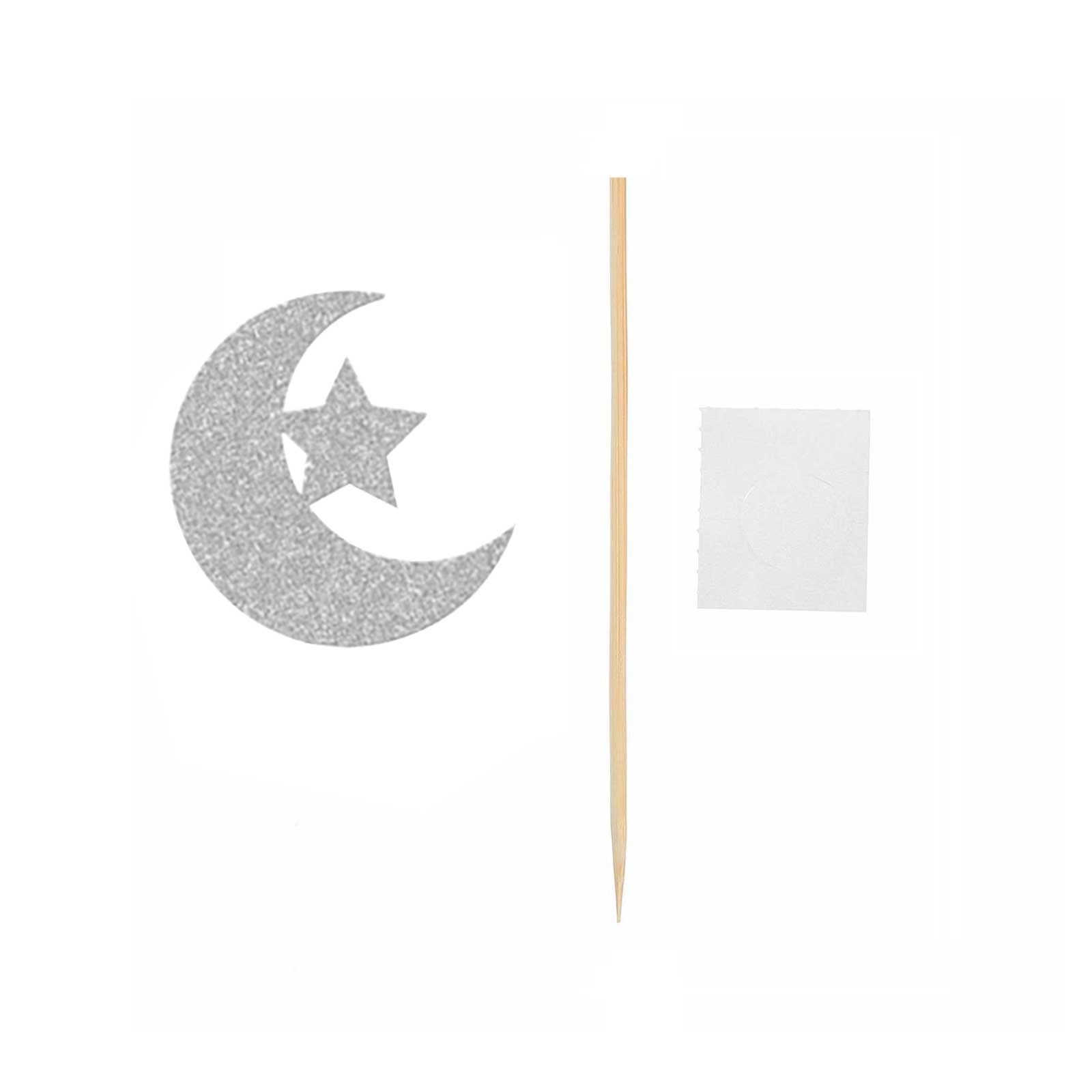 24pcs Silver Moon Star Cupcake Toppers - Glitter Eid Mubarak Cake Decorations, Food Picks for Wedding, Birthday, Baby Shower, Ramadan Kareem Party Supplies - Perfect for Festive Celebrations & Dessert Displays