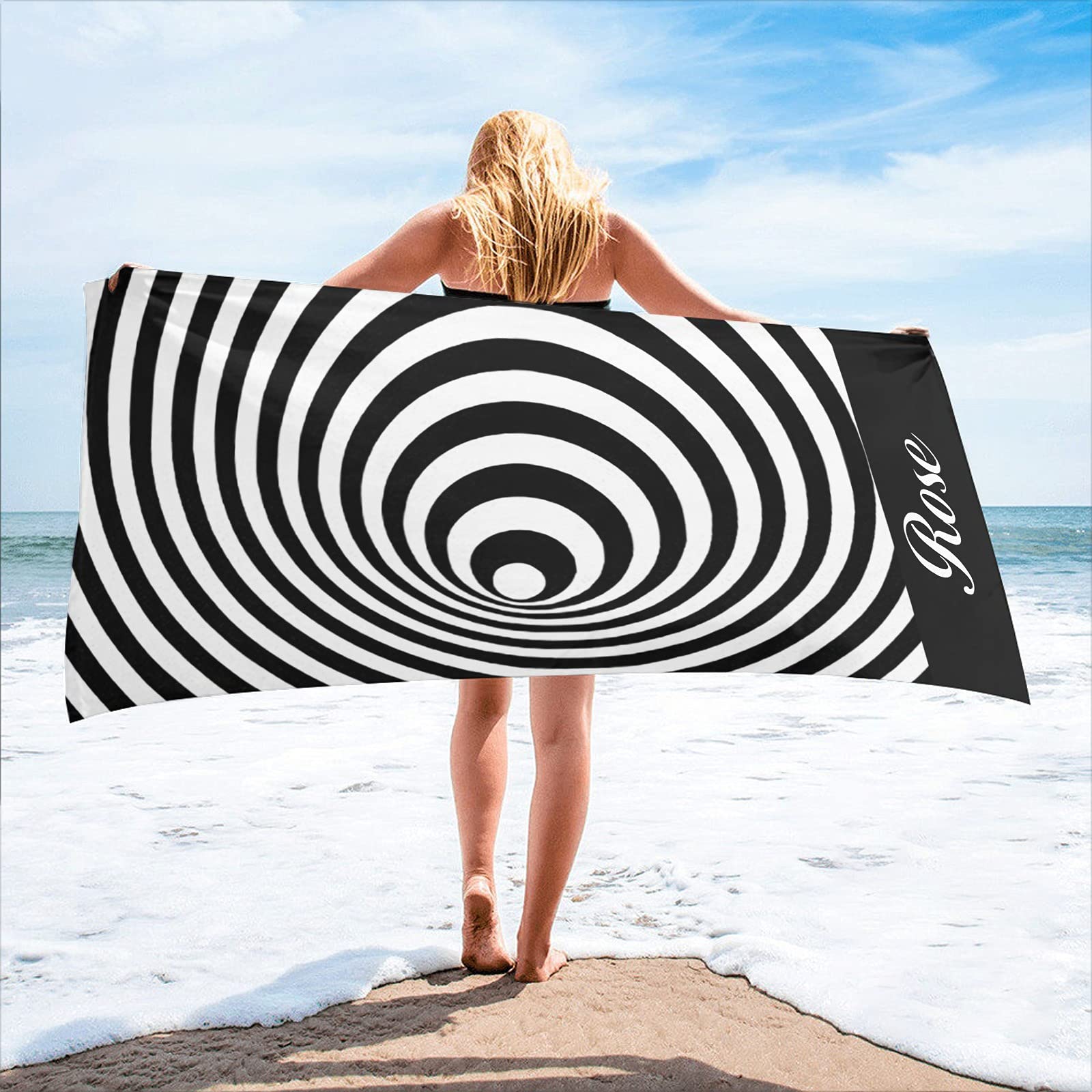 Personalized Vortex Optical Illusion Beach Towel with Name - Quick Dry Absorbent Bath Towel 30x60 Inches - 2-Sided Printing for Pool, Beach & Travel