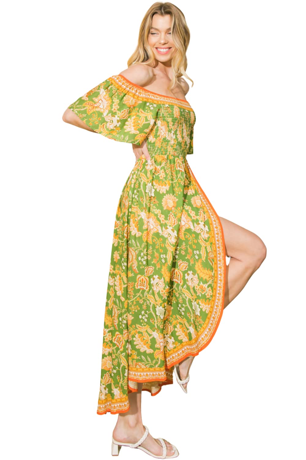 Bohemian Off Shoulder Maxi Dress - Floral Print Smocked Hi-Low Hem Summer Dress for Beach, Vacation & Outdoor Parties