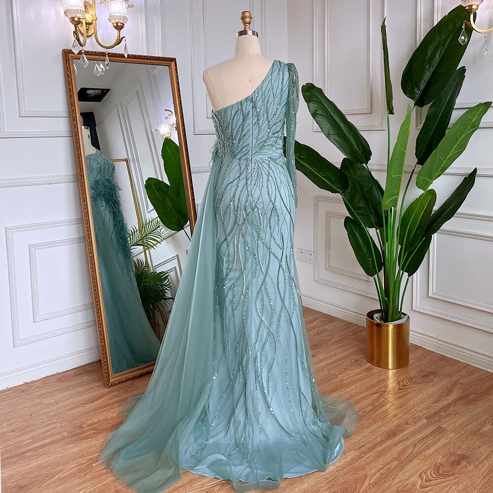 Elegant Grey Mermaid Evening Dress with Feather Skirt & Beaded One Shoulder - Women's Formal Gowns for Prom, Wedding, Red Carpet & Special Occasions 2025