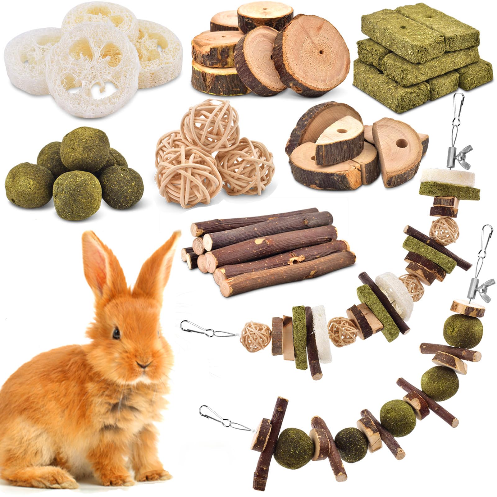 KATUMO 68-Piece Rabbit Chew Toys Kit - Natural Wooden DIY Small Animal Teeth Grinding Toys for Rabbits, Guinea Pigs, Chinchillas, Hamsters, Squirrels & Gerbils - Perfect for Dental Care & Cage Enrichment