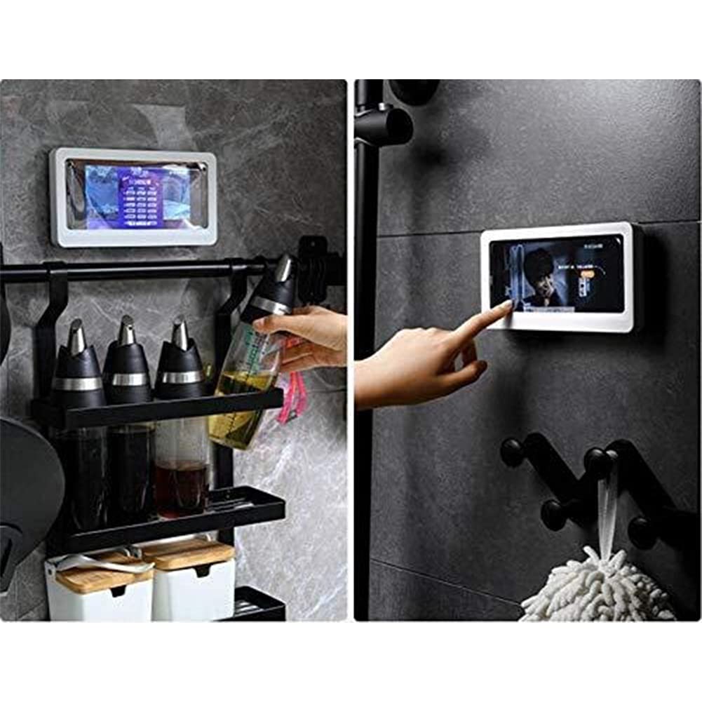 Waterproof Wall Mount Shower Phone Holder - Anti-Fog Touch Screen Bathroom Shelf for iPhone & Android - White Shower Glass Mirror Mount with Storage Case - Perfect for Bathroom, Gym Locker & Poolside Use