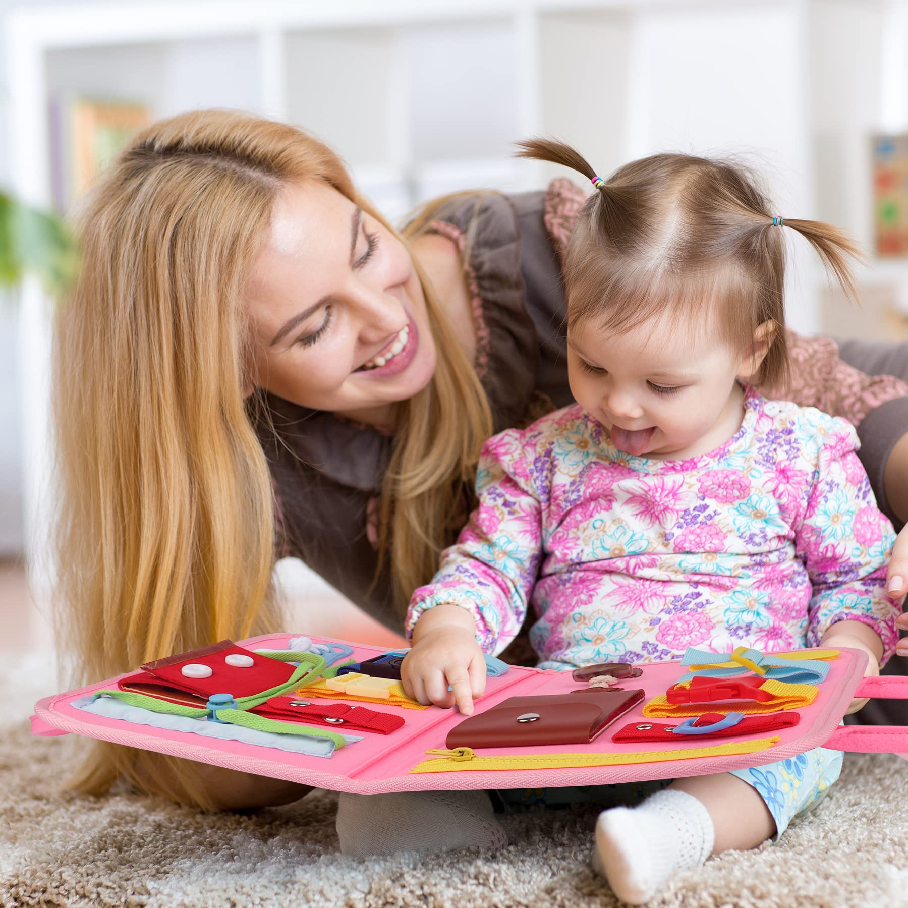 Montessori Busy Board for Toddlers 1-4 Years - Sensory Learning Toys with Buckles & Zippers - Educational Dress Skills Activity Board for Boys & Girls - Travel Toys for Airplane & Car Rides - Perfect Gift for Preschoolers (Pink)
