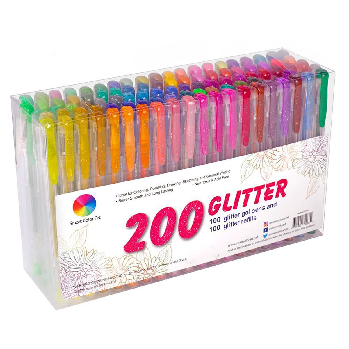 200-Pack Glitter Gel Pens Set - 100 Vibrant Colors with 100 Refills for Adult Coloring Books, Drawing, Painting & Writing | Perfect for Artists, Students, Journaling & DIY Crafts