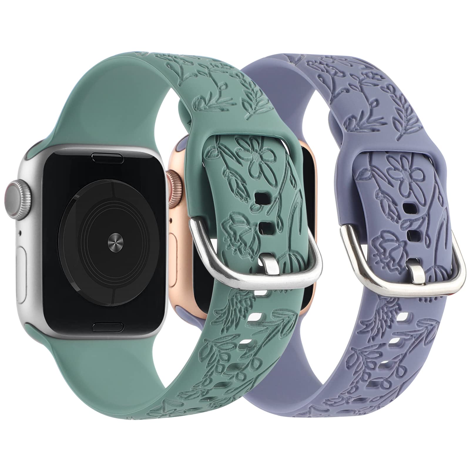 2 Pack Floral Engraved Sport Strap for Apple Watch 38mm 40mm 41mm - Soft Silicone Replacement Band Compatible with iWatch Series 8/7/6/5/4/3/2/1/SE - Women's Fashion Wristband for Workout, Running & Daily Wear