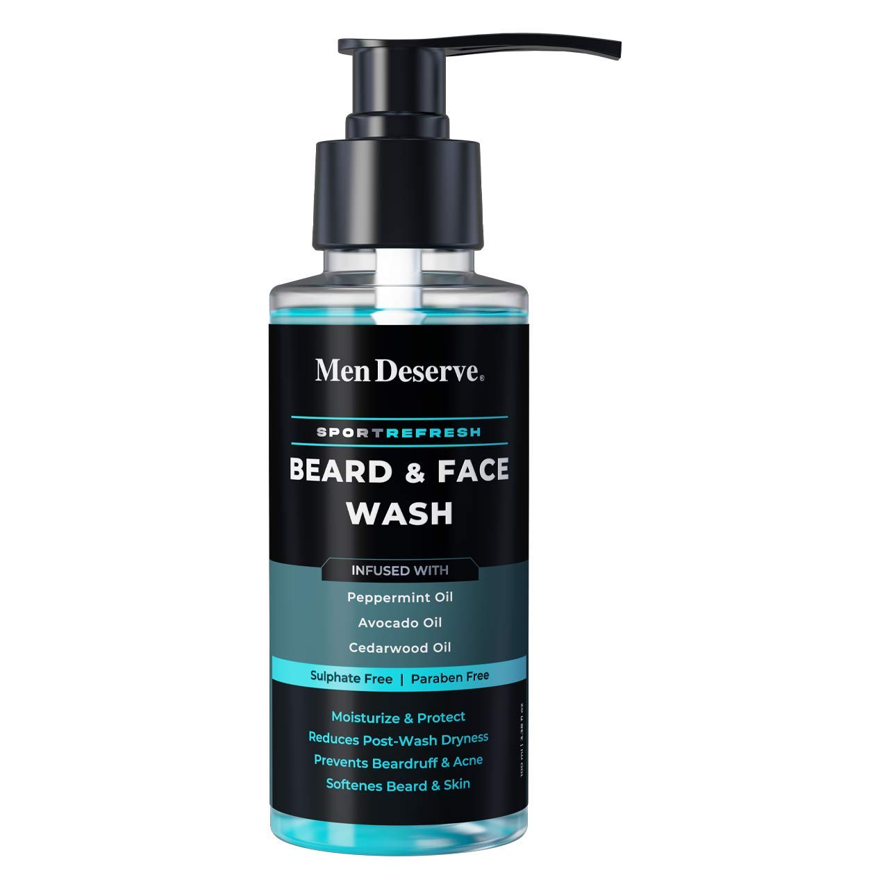 Men's Beard & Face Wash with Peppermint, Avocado & Cedarwood Oil - Sulfate & Paraben Free, 100ml - Refreshing Cleanser for Daily Grooming & Post-Workout Care