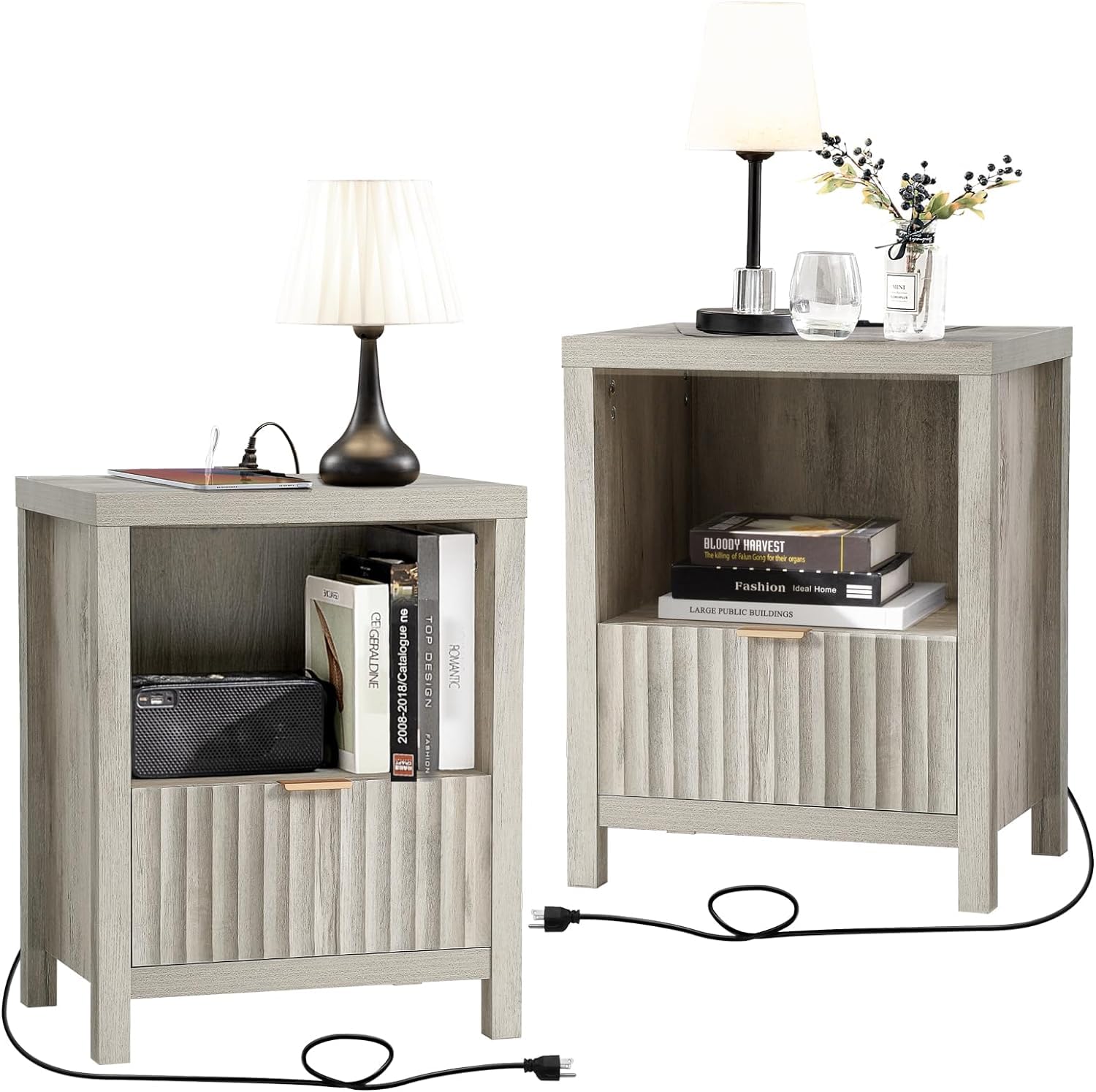 2-Piece Fluted Nightstand Set with Charging Station & Drawer Storage - Mid Century Modern Bedside Table for Bedroom, Living Room | Sofa Couch End Table in Grey Oak | Perfect for Small Spaces & Phone Charging by Bed