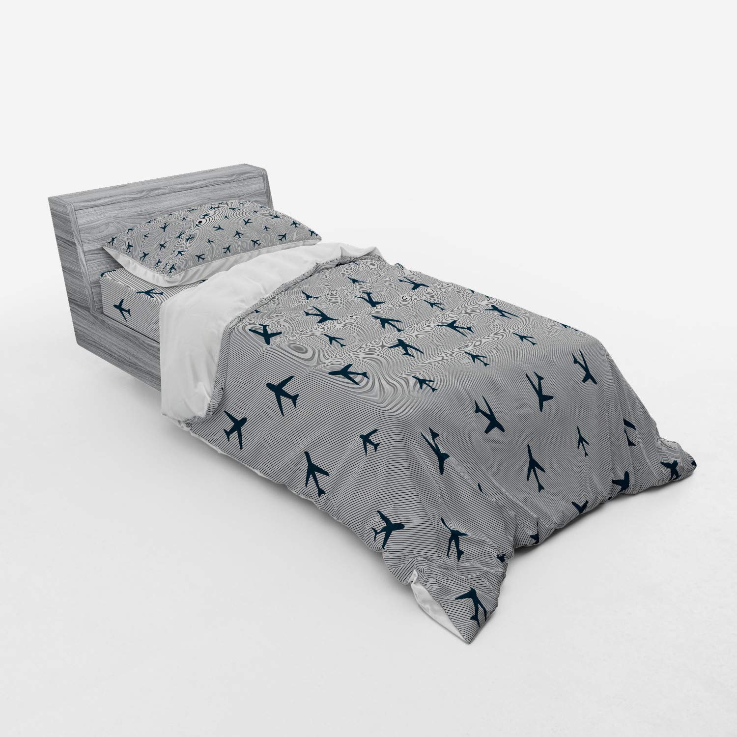 Ambesonne Airplane Duvet Cover Set - Blue Travel Silhouettes & Diagonal Stripes Aviation Theme | 3-Piece Bedding Set with Pillow Sham & Fitted Sheet | Twin Size in Petrol Blue, Black & White | Perfect for Kids' Rooms, Travel-Themed Bedrooms & Aviation Enthusiasts