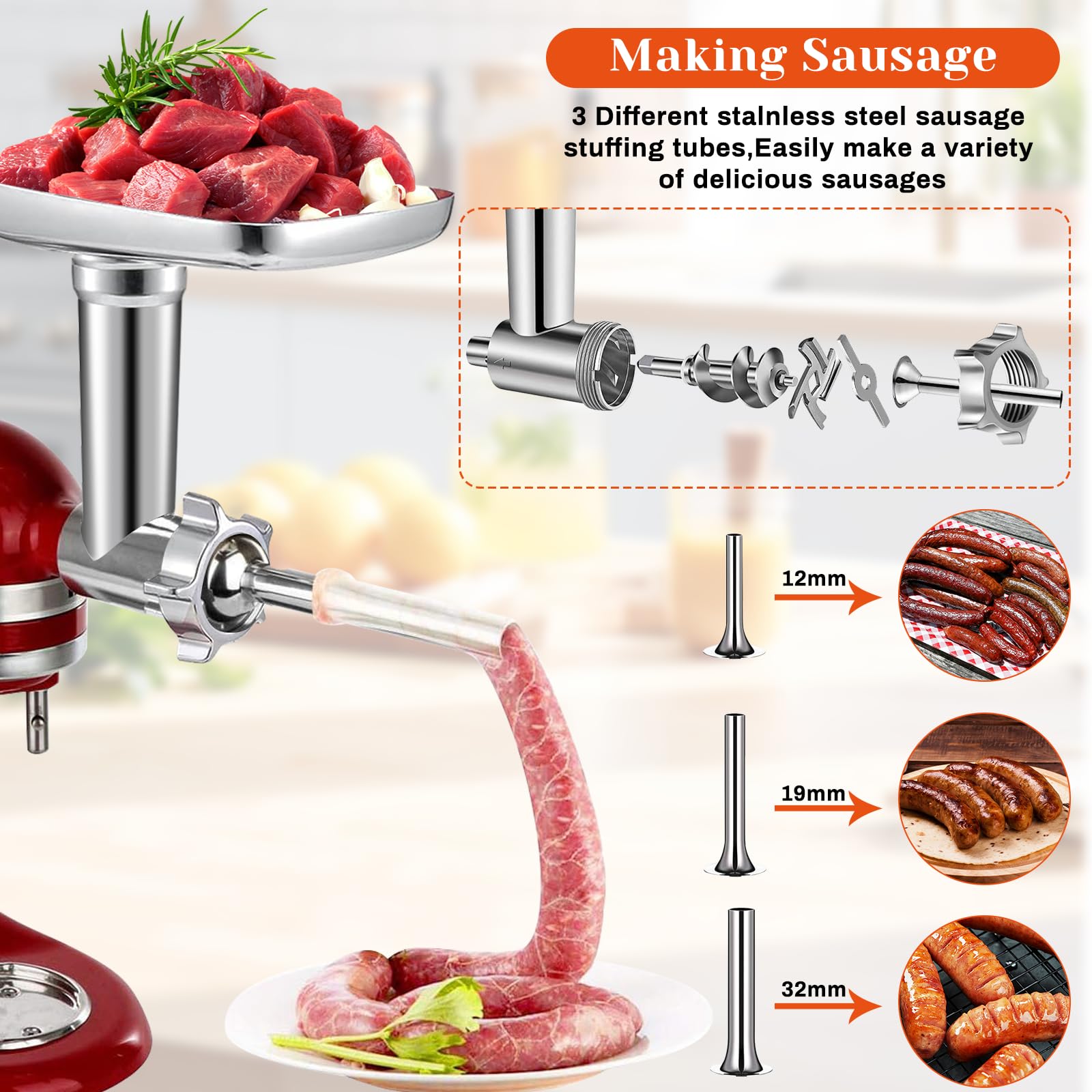 KitchenAid Stand Mixer Meat Grinder Attachment with 4 Grinding Plates, Cheese Grater, 3 Sausage Stuffer Tubes, Salad Maker & Burger Press - Perfect for Homemade Burgers, Sausages, Cheese Shredding & Healthy Meal Prep