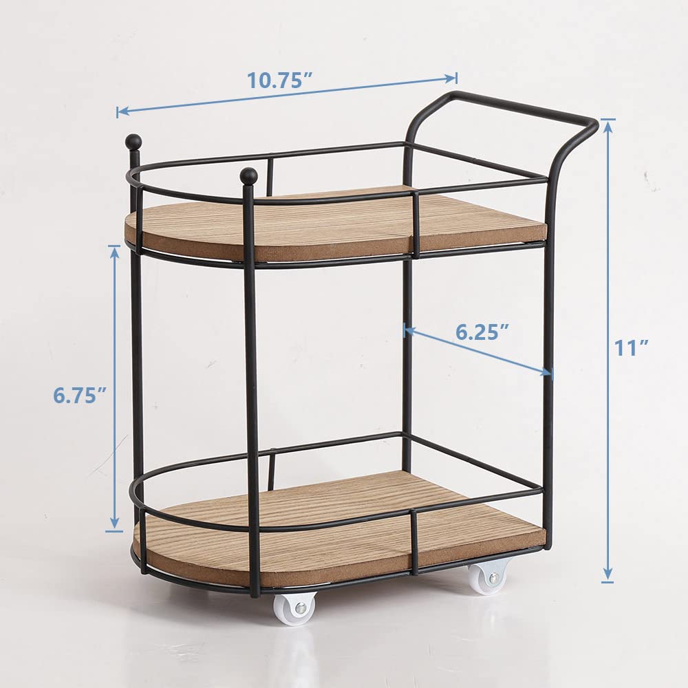 Two-Tier Matte Black Metal Wire and Wood Coffee Bar Cart - Mini Rolling Utility Cart with Tiered Tray - Coffee Bar Organizer, Kitchen Shelf, Farmhouse Decor - Perfect for Small Spaces, Home Office, and Entertaining Guests